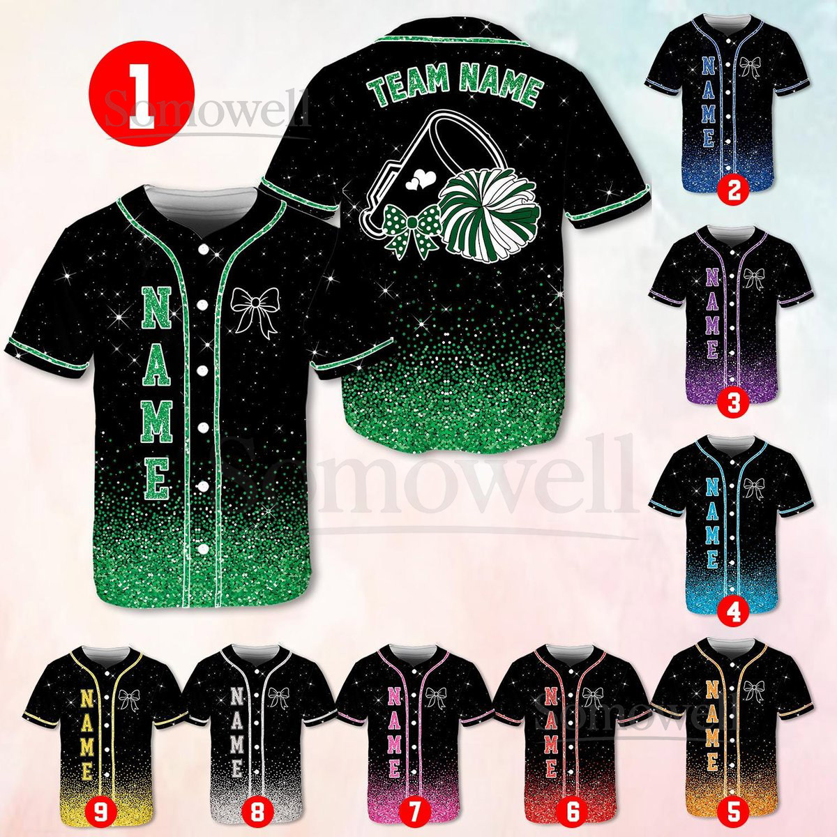 Personalized Team Name Number Bow Megaphone Baseball Jersey Sparkle Glitter Team Uniform Cheer Shirt for Adult Kid Youth Cheerleading_733