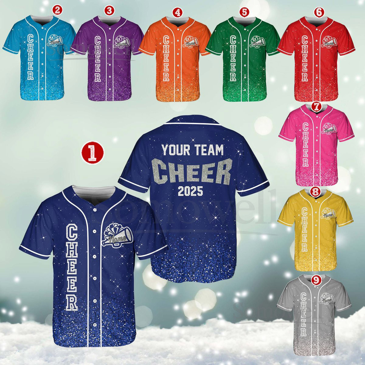 Personalized Team Name Number Bow Megaphone Baseball Jersey Sparkle Glitter Team Uniform Cheer Shirt for Adult Kid Youth Cheerleading_734