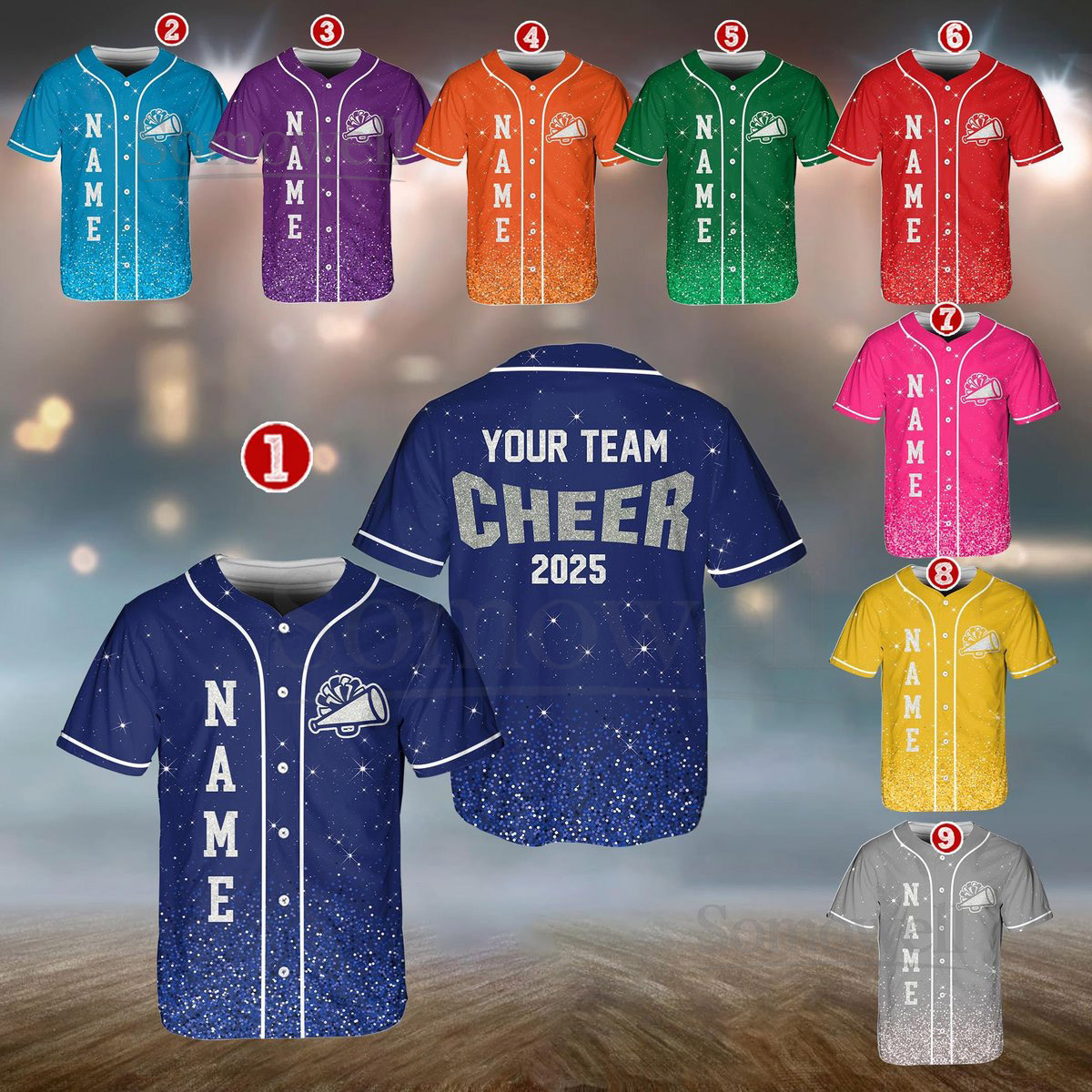 Personalized Team Name Number Bow Megaphone Baseball Jersey Sparkle Glitter Team Uniform Cheer Shirt for Adult Kid Youth Cheerleading_735