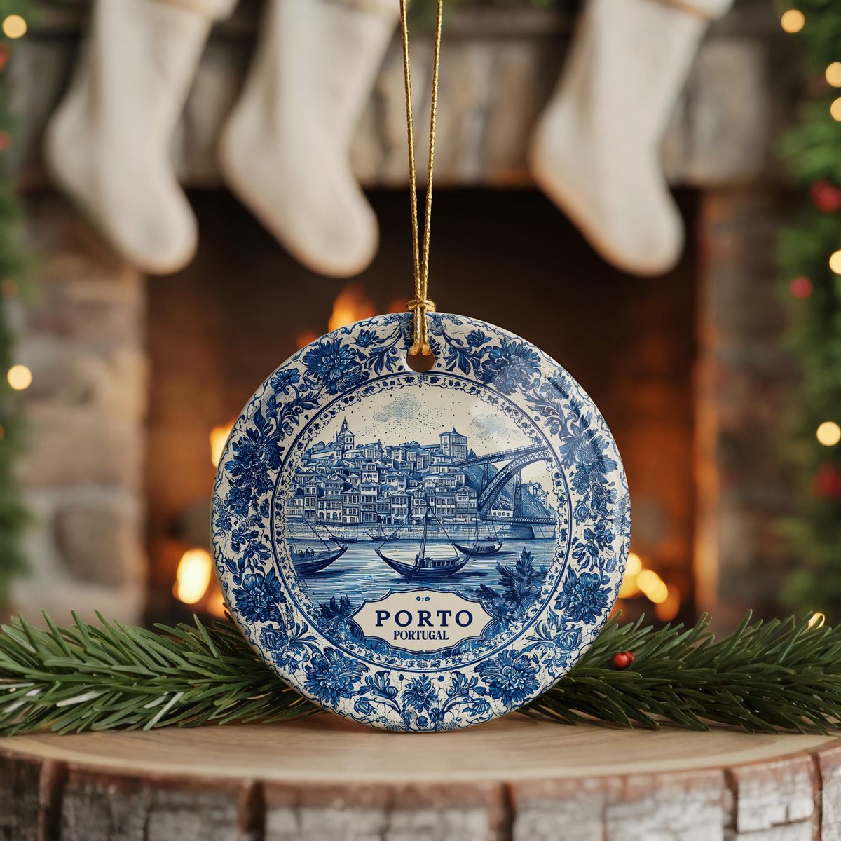 Custom Porto Portugal Ceramic Delft Ornament Christmas Delftware Blue Delftware city travel