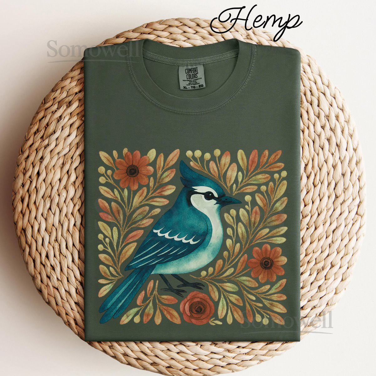 Autumn Blue Jay T-Shirt Comfort Colors Fall Boho Folk-Art Inspired Bird Shirt_39
