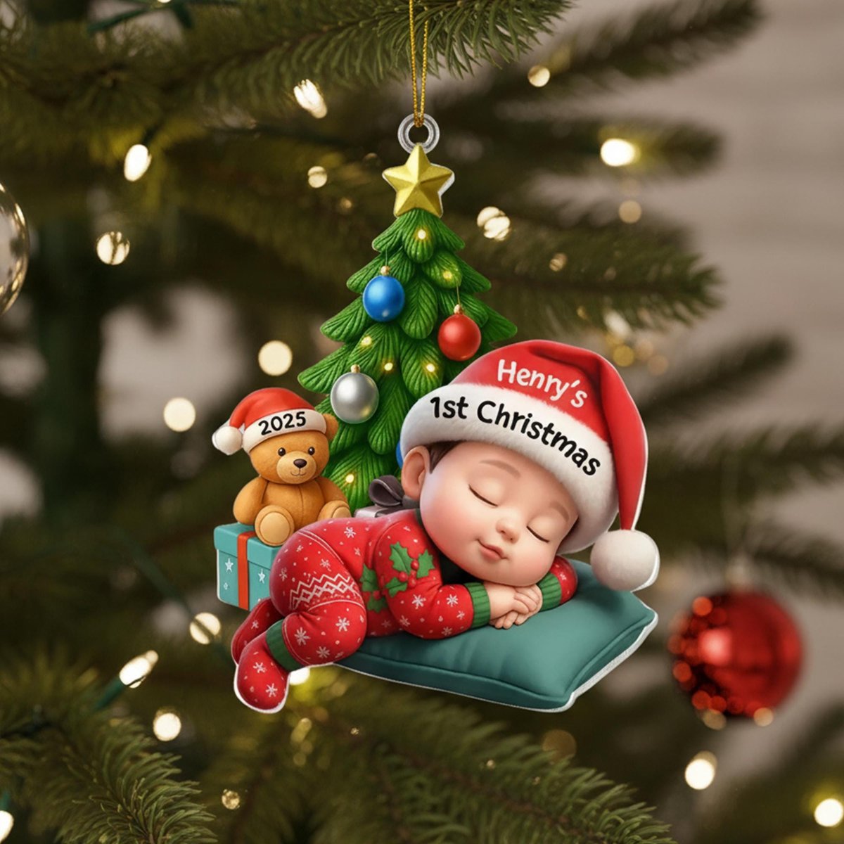Babys First Christmas Ornament Personalized Acrylic Bauble Sleeping Baby in Xmas Pajamas