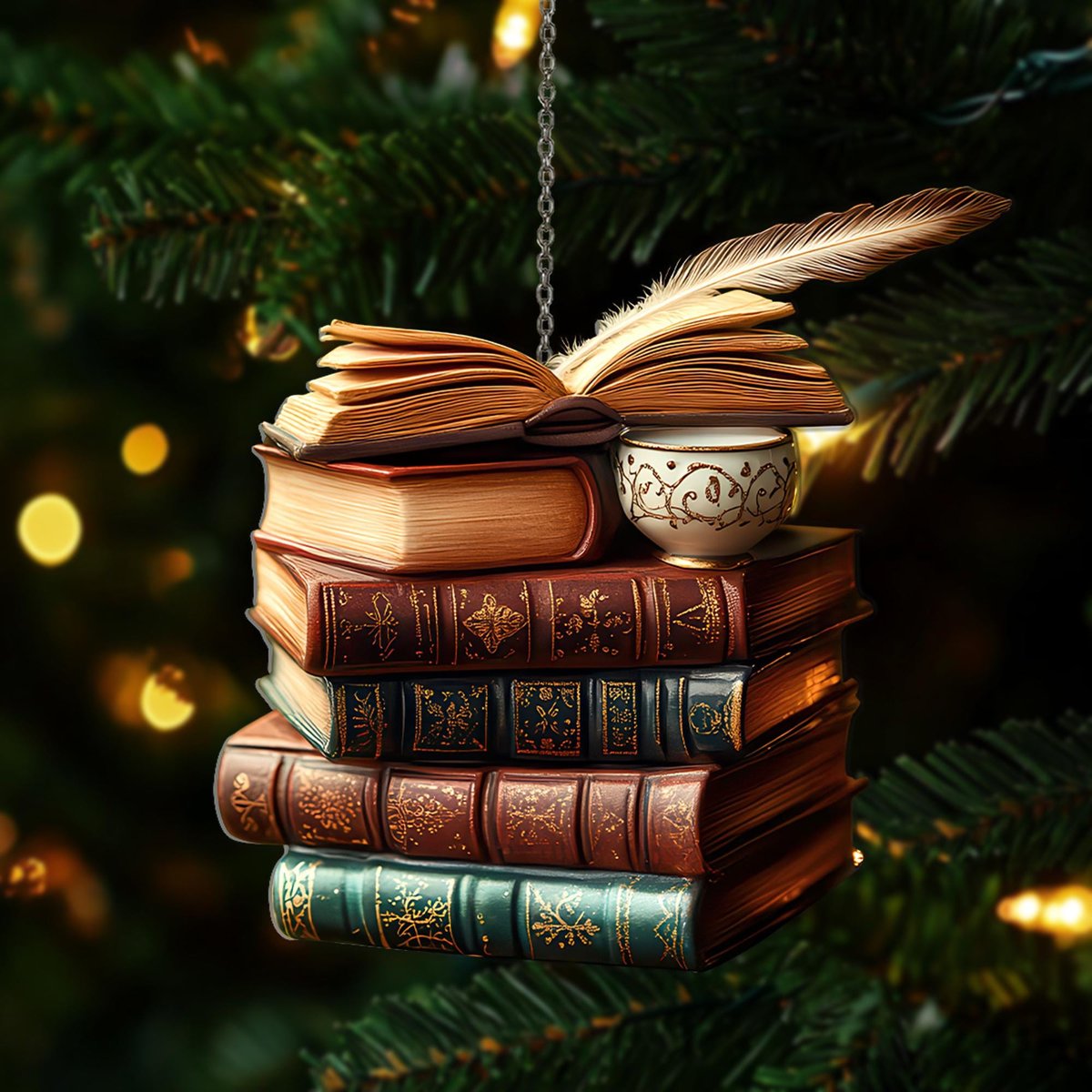 Personalized Bookshelf Christmas Ornament Vintage Book Stack Light Bauble Custom Librarian Gift For Book Lover Christmas 2025 Ornament