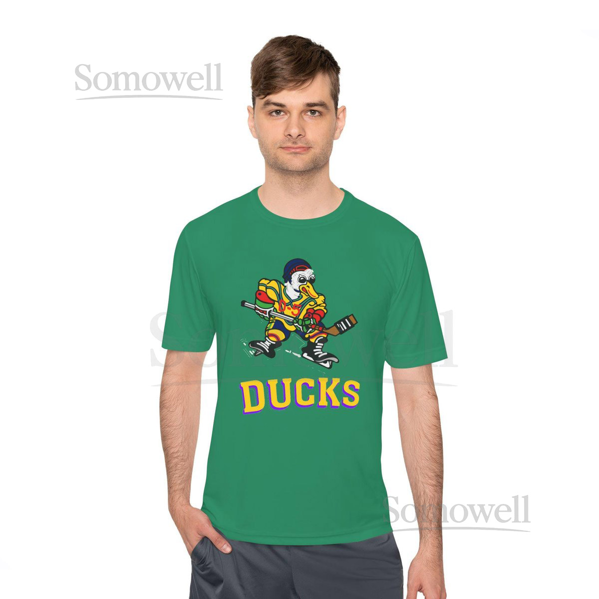  - Mighty Ducks Jersey Moisture Wick Shirt Design - Green Shirt with Multi Color Print_127