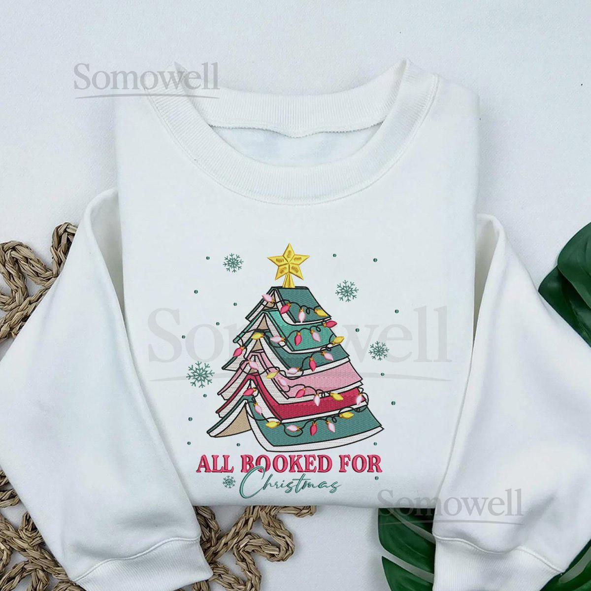 EMBROIDERED All Booked For Christmas Shirt Christmas Books Tree Shirt Bookish Embroidery Sweatshirt Merry Christmas Teacher T-shirt_55
