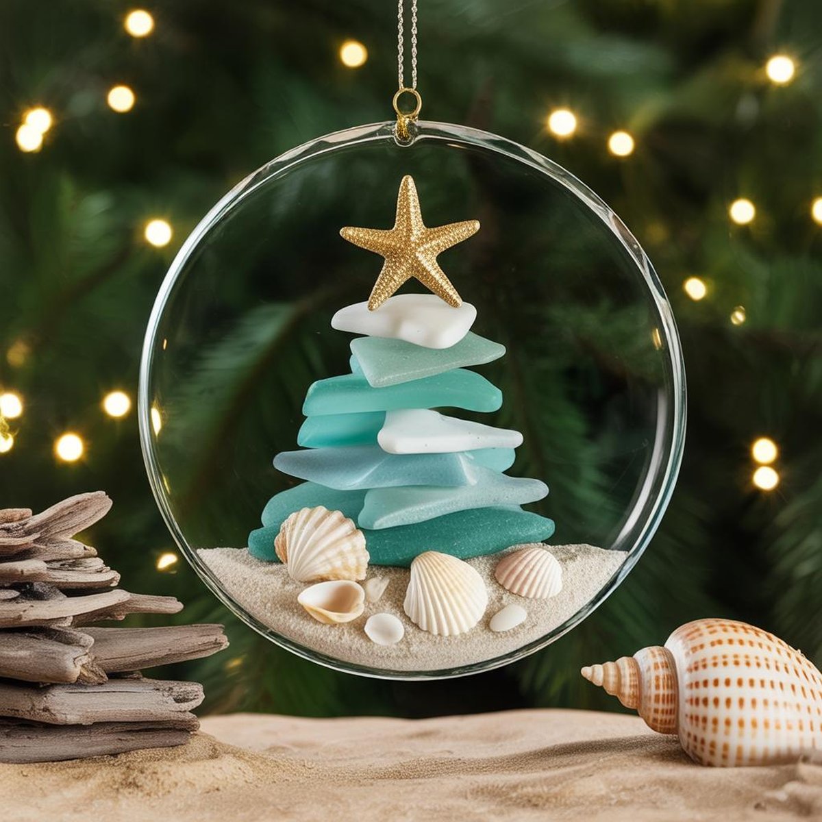 Seaglass Christmas Tree Ornament Coastal Beach Holiday Decoration Seashell Xmas Gift