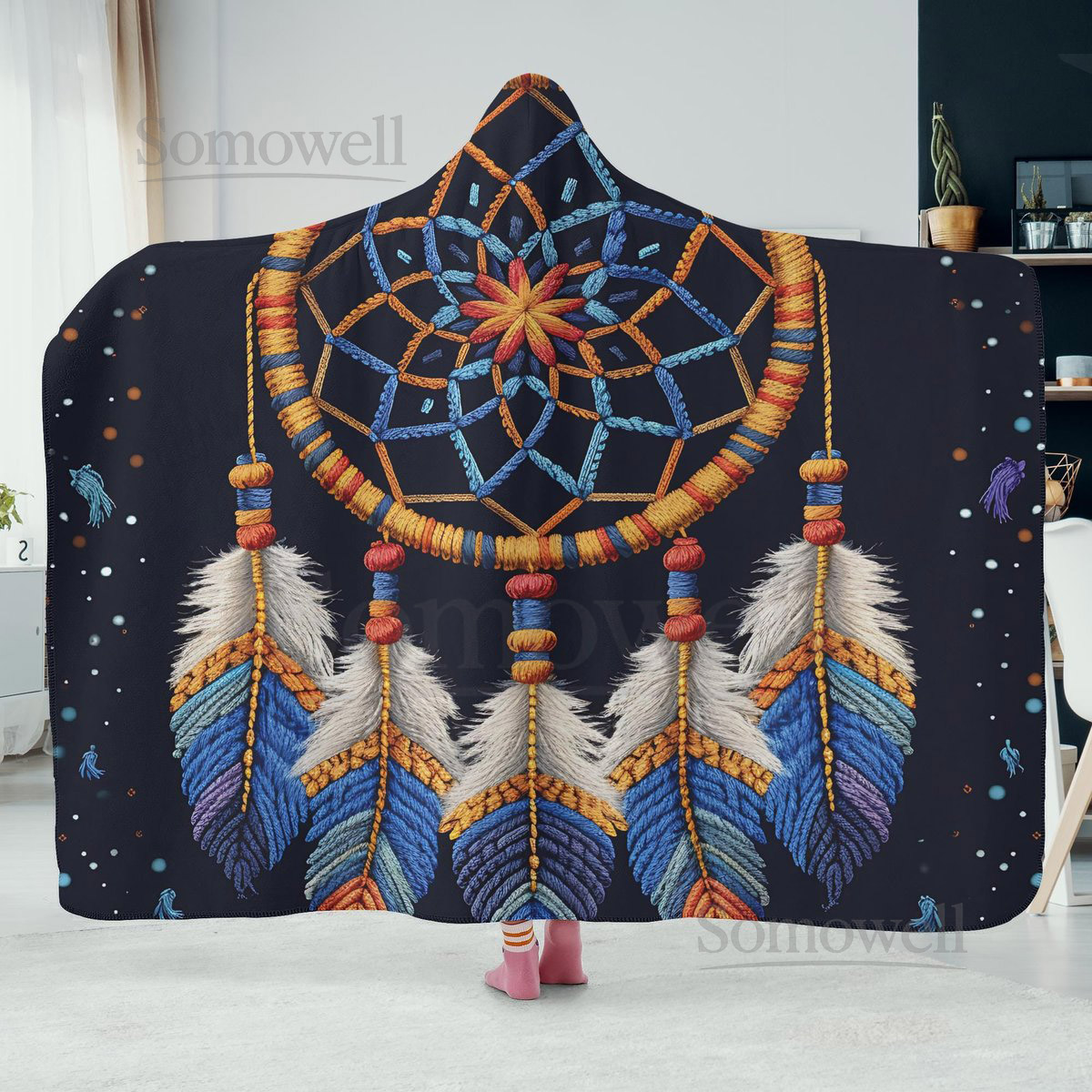 Dreamcatcher Dual-Sided Stitched Hoodie Blanket Cozy Wearable Throw with Boho Design_34