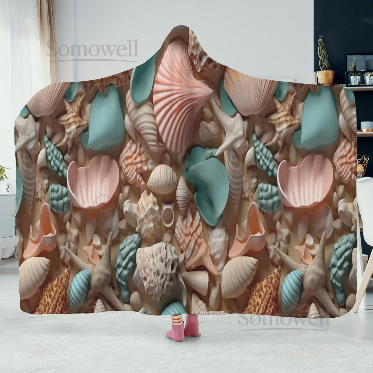 Colorful Seashells Dual-Sided Stitched Hoodie Blanket Casual Oversized Wearable Throw in High-Definition Print_18