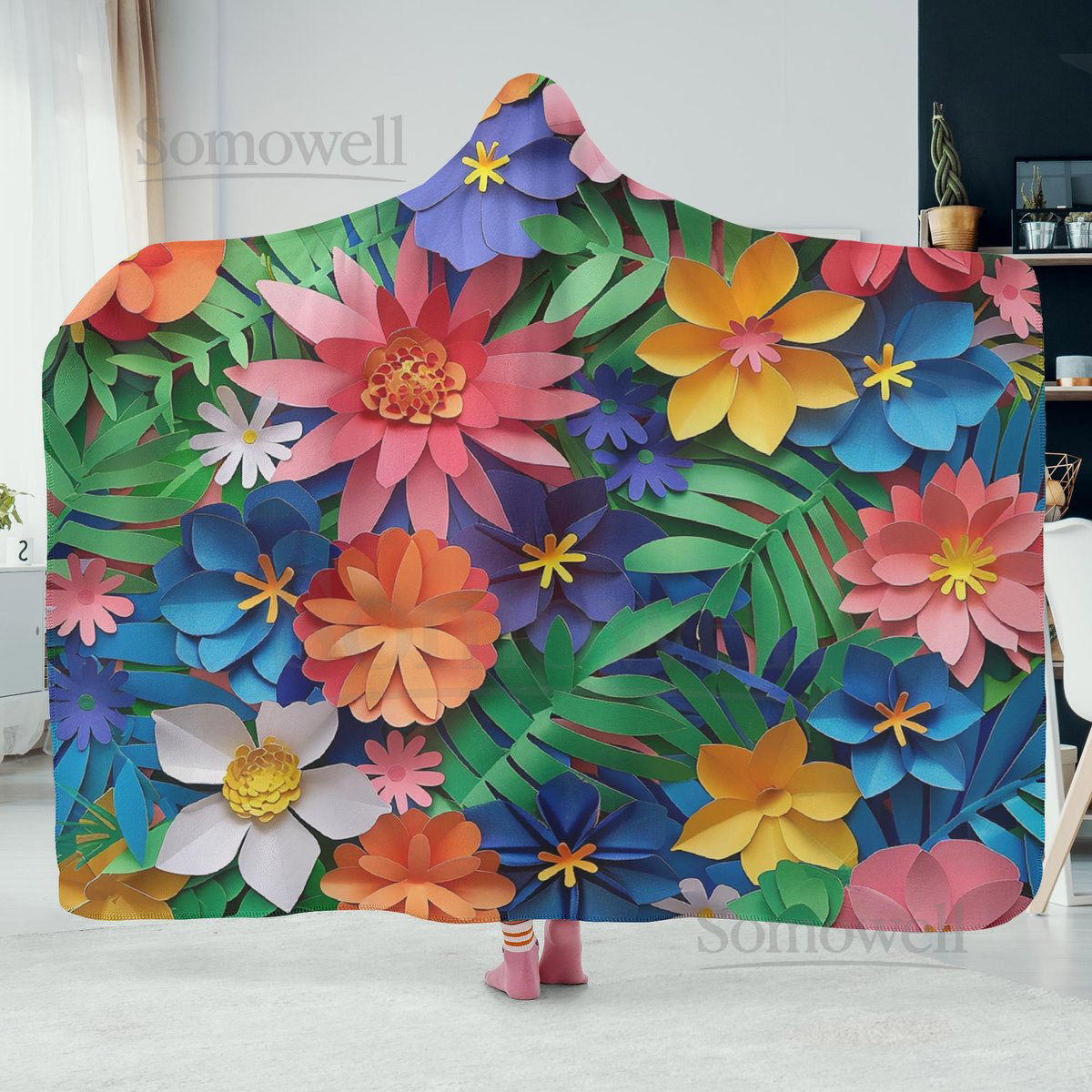 Colorful Flowers Dual-Sided Stitched Hoodie Blanket Casual Oversized Wearable Throw with Vibrant Floral Design_17