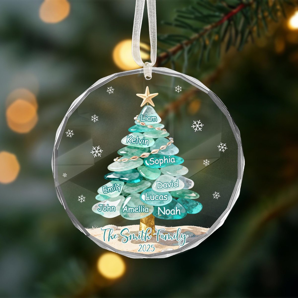 Personalized Sea Glass Family Tree Ornament Christmas Family Ornament Sea Glass Holiday Keepsake Gift 2025 Xmas Gift for Beach Lovers