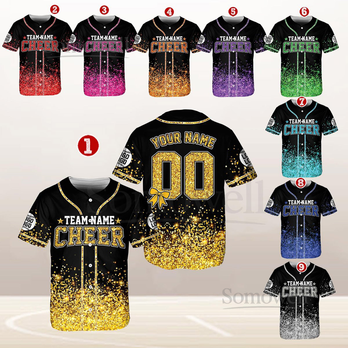 Personalized Team Name Number Bow Megaphone Baseball Jersey Sparkle Glitter Team Uniform Cheer Shirt for Adult Kid Youth Cheerleading_736