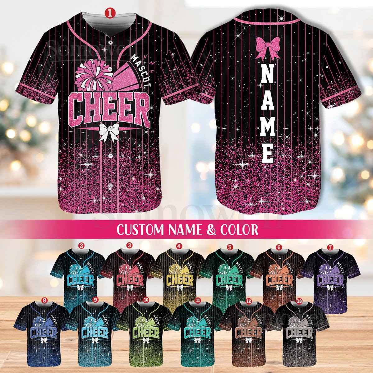 Personalized Team Name Number Bow Megaphone Baseball Jersey Sparkle Glitter Team Uniform Cheer Shirt for Adult Kid Youth Cheerleading_737