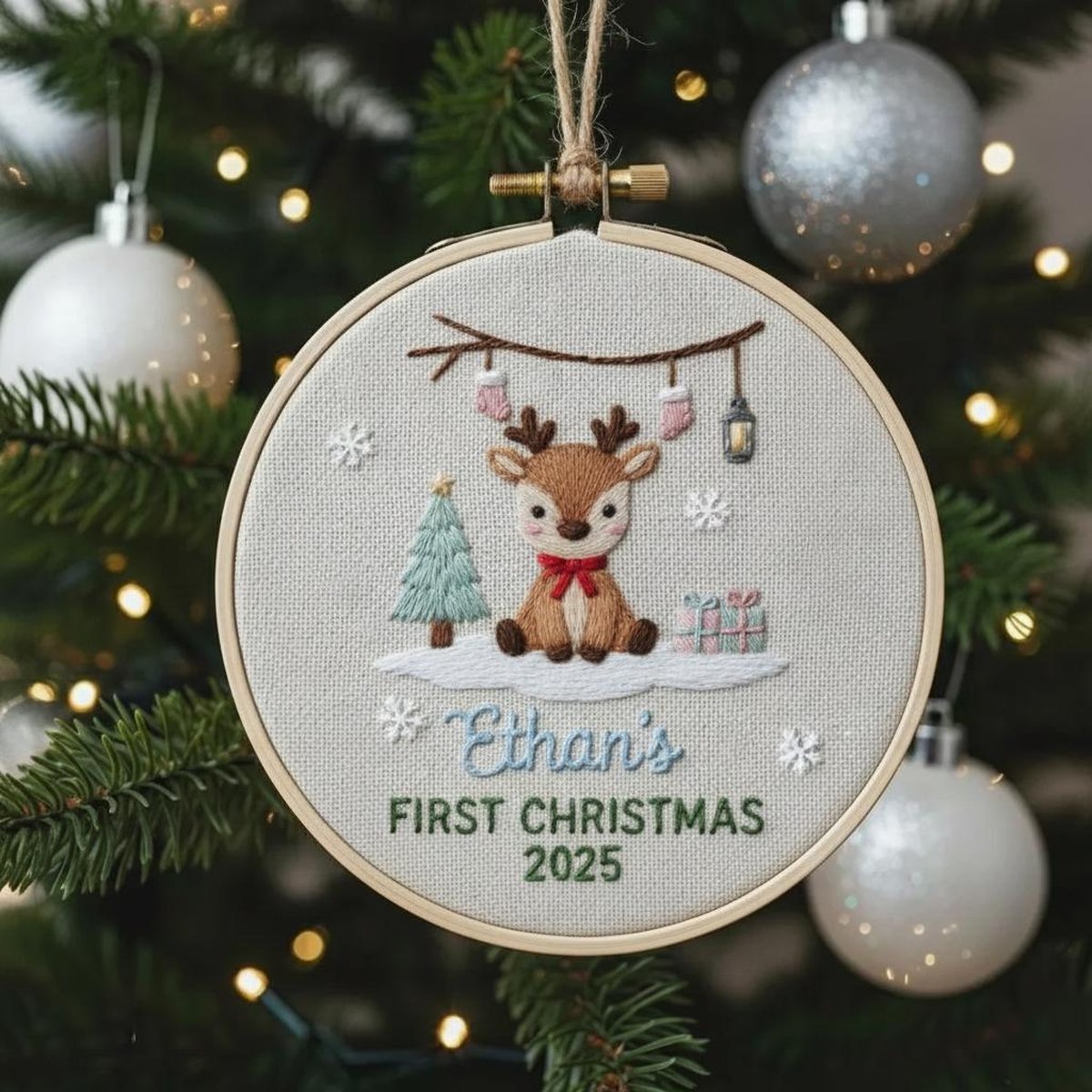 Custom Reindeer Baby39s First Christmas Hand Embroidered Ornament Personalized Unique Gift for New Baby 2025 Christmas Gift Holiday Decor