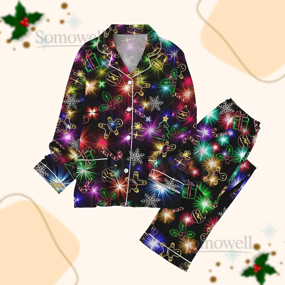 Christmas Bright Neon Lighting Pajamas Set Neon Lighting Holiday Pajamas Christmas Symbols Pyjamas Merry Xmas Pjs Pajamas For Party_6