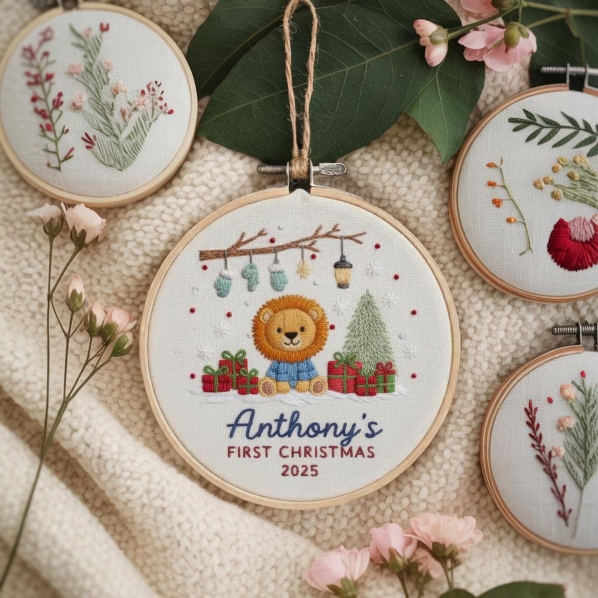 Lion Baby39s First Christmas Hand Embroidered Ornament Handmade Holiday Decor Personalized Unique Gift for New Baby Custom Christmas Gift