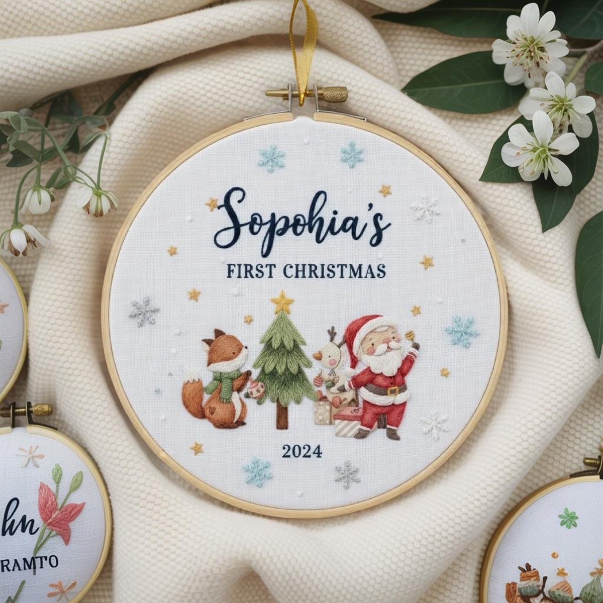 Embroidered Santa and Fox Baby39s First Christmas Ornament Handmade Holiday Decor Custom Unique Gift for New Baby Custom Christmas Gift