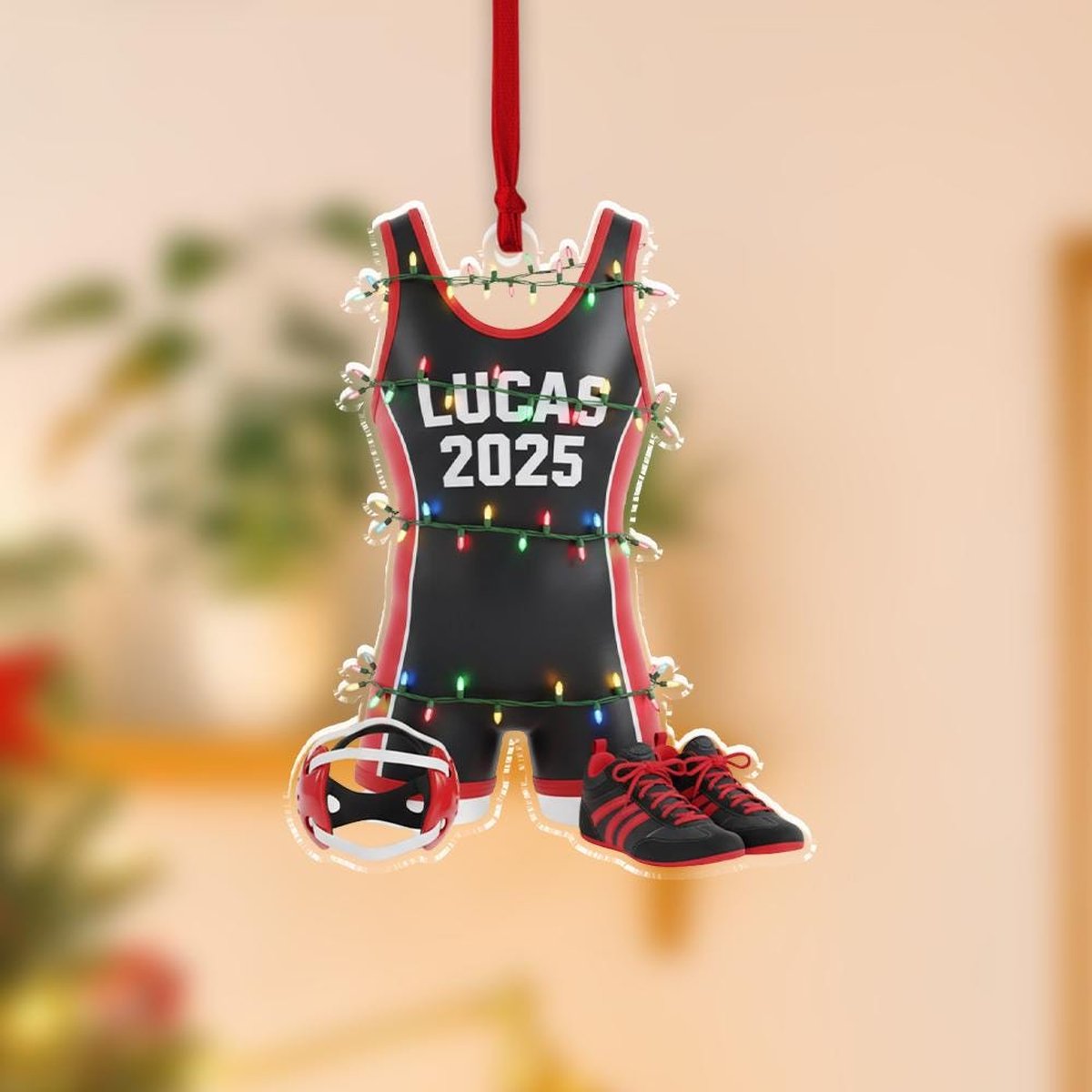 Personalized Acrylic Ornament Custom Name Wrestling Singlet with Shoes Headgear Scene