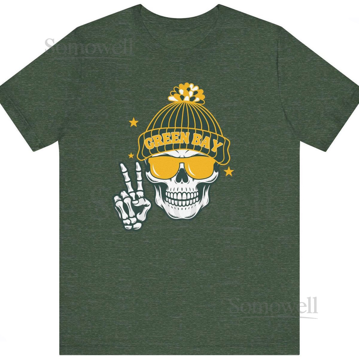 Green Bay Football Fan T-Shirt Skeleton With Beanie Hat Graphic Tee_378