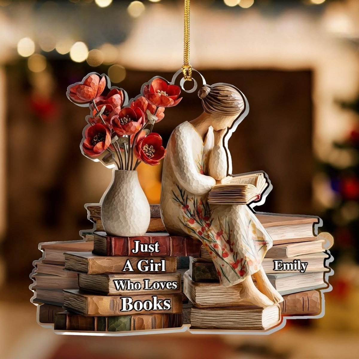 Personalized Acrylic 2D Ornament for Book Lovers Just a Girl Who Loves Books X-Mas Decoration Cute Reading Theme Holiday Gift for Her