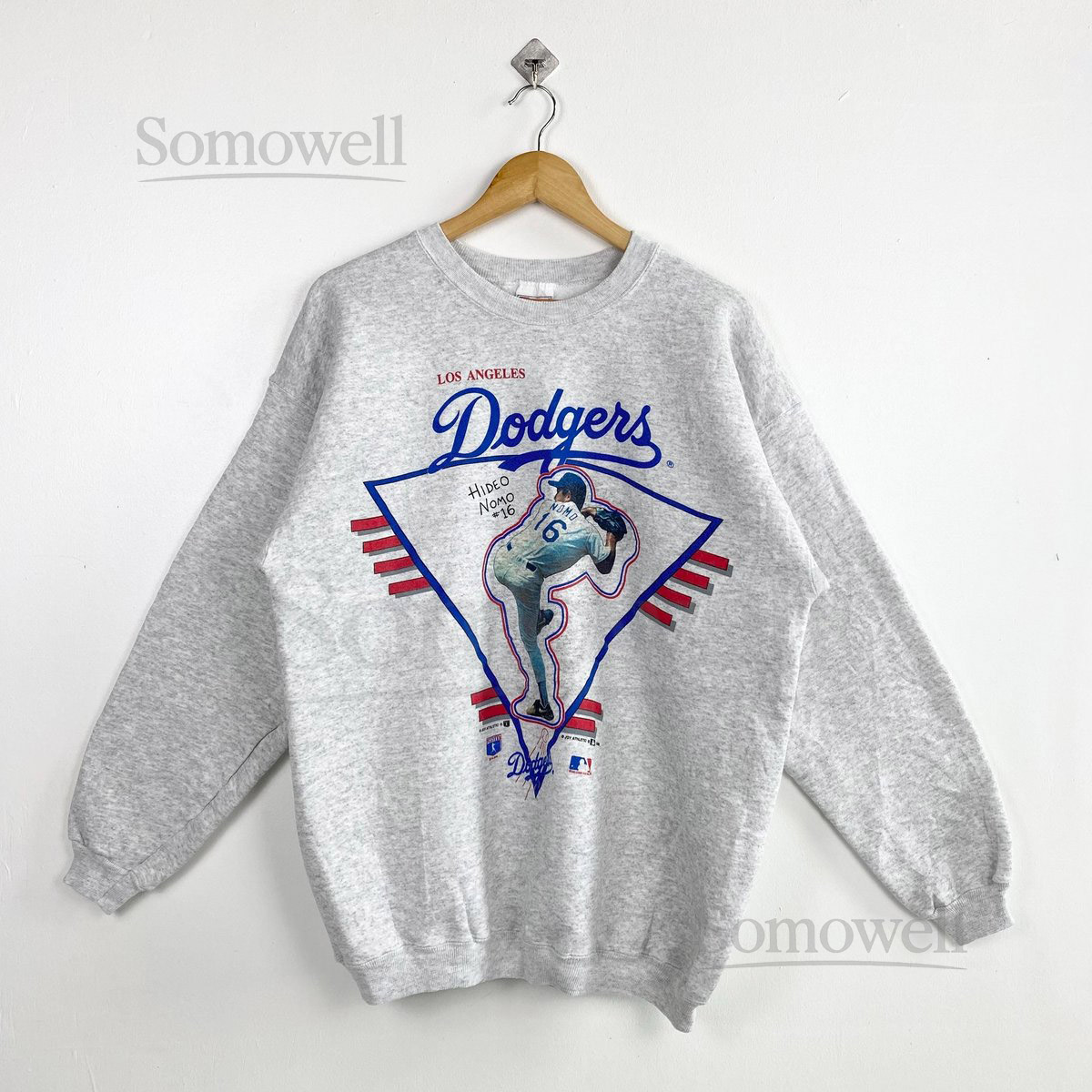 Vintage 90s Los Angeles Dodgers Crewneck Sweatshirt - MLB - Hideo Nomo - Print Logo - Grey Color - Mens L_1034
