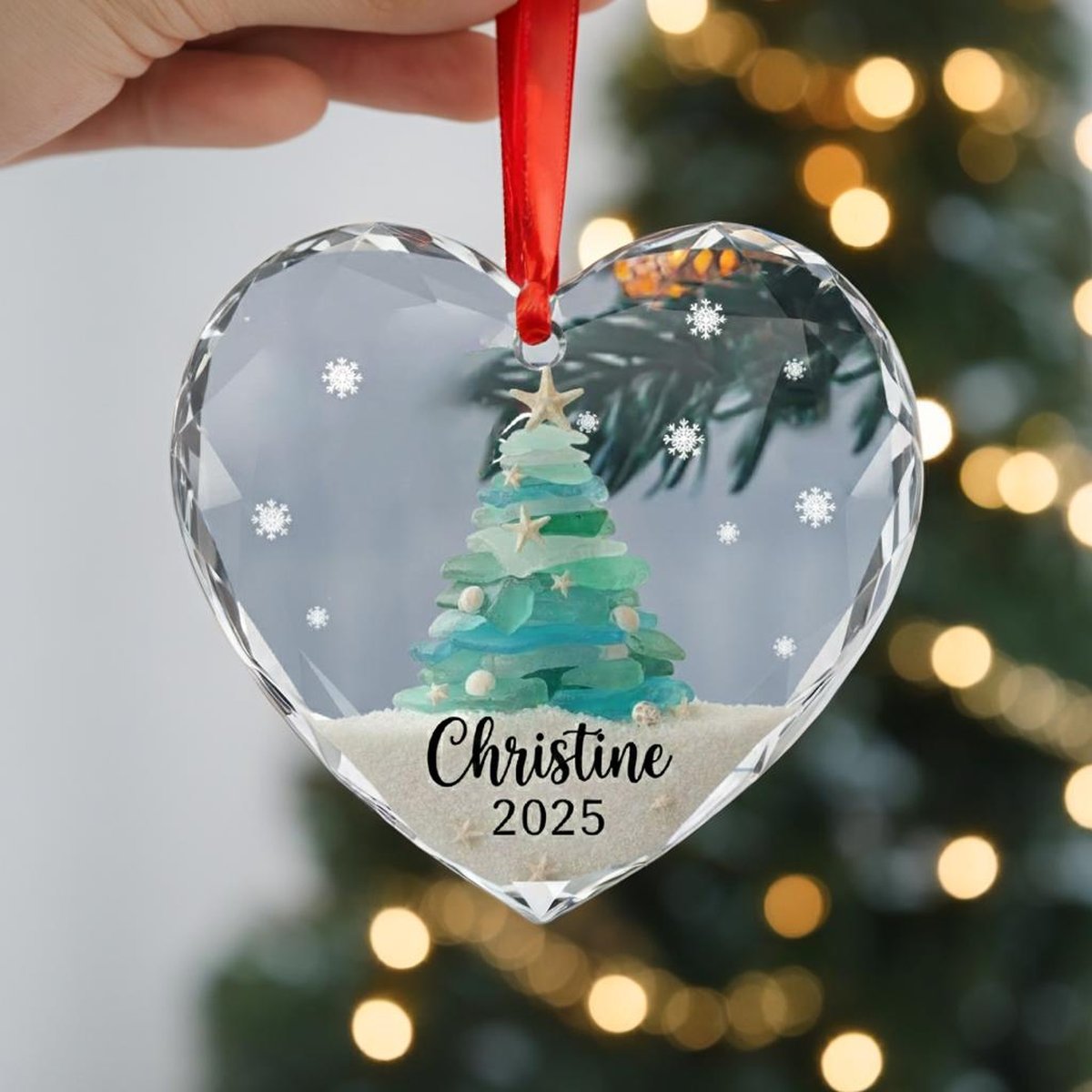 Personalized Sea Glass Christmas Tree Glass Ornament Beach Ocean Lover Gift Coastal Ornament Christmas Tree With Shells Starfish Ornament