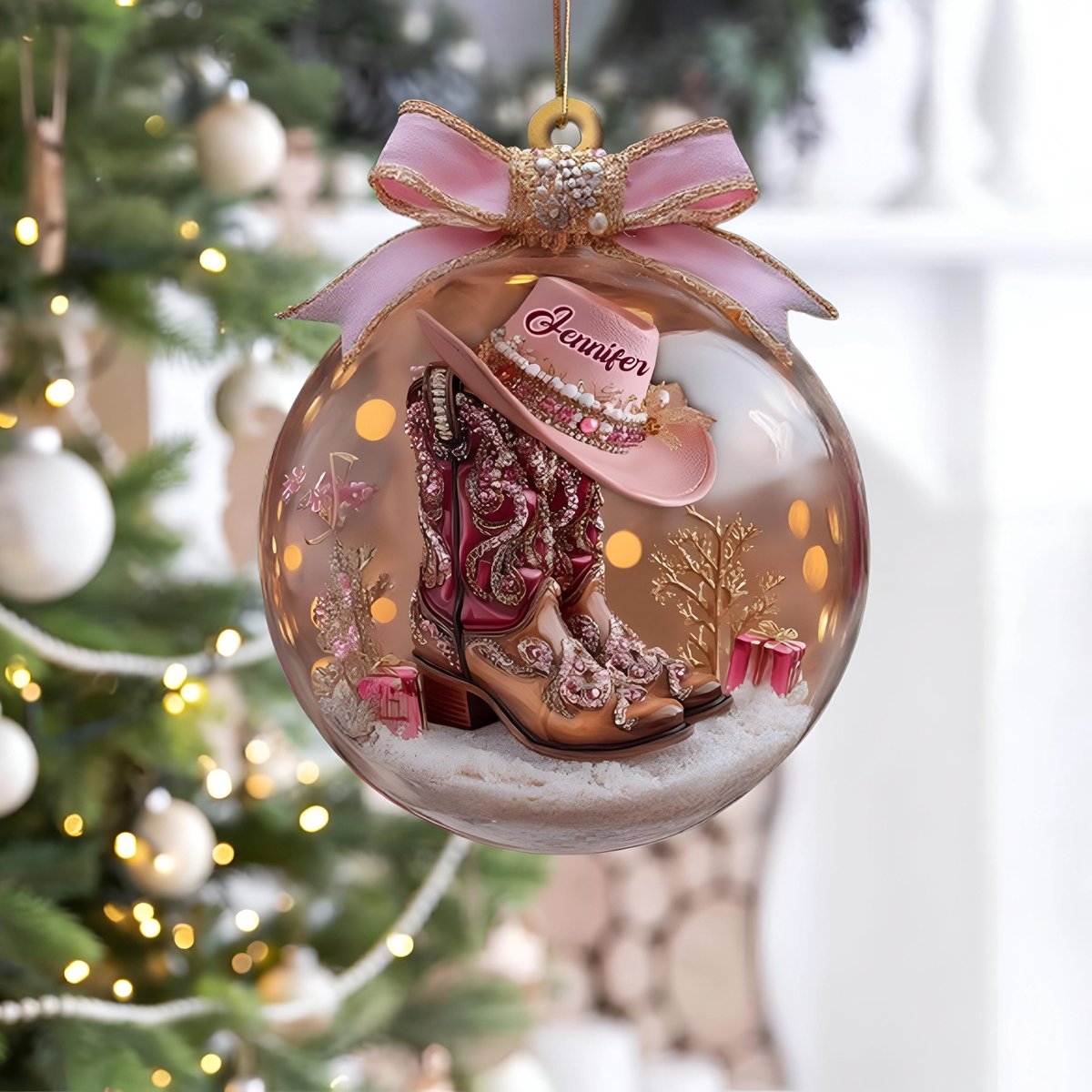 Cowgirl Boot Hat Ornament Personalized Western Christmas Tree Decoration Custom Name Country Girl Gift Rustic Rodeo Acrylic Ornamet
