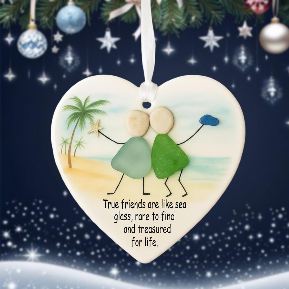True Friends Sea Glass Ornament Heart Shaped Friendship Gift Beach Themed Christmas Decoration Treasured for Life Keepsake