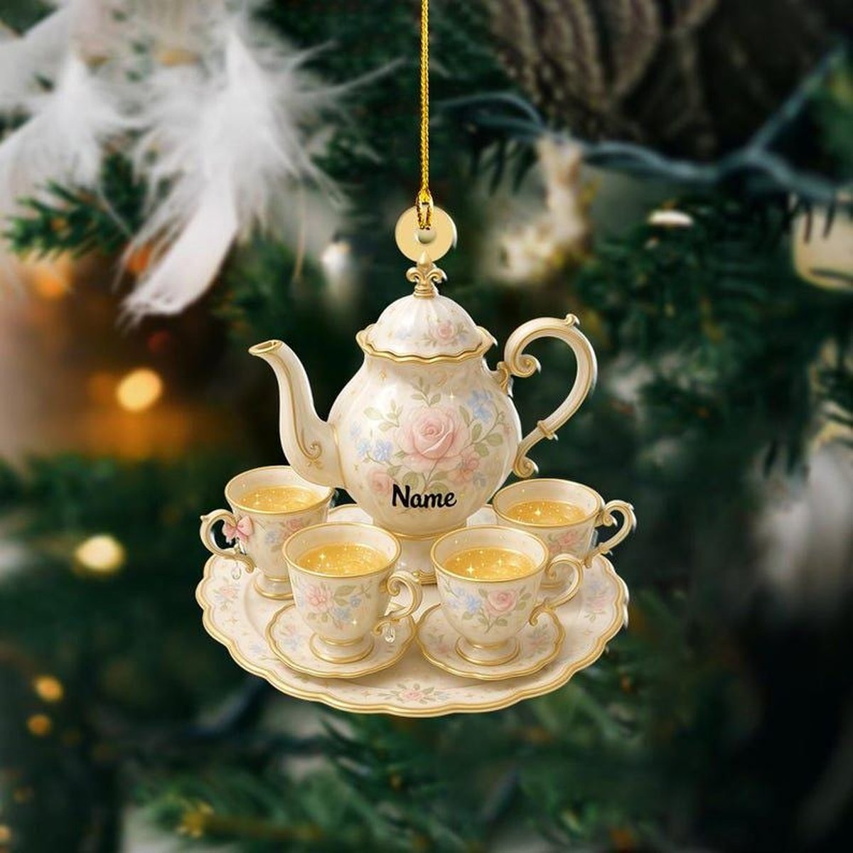 Personalized Tea Set Christmas Ornament Teacup Teapot Ornament Tea Lovers Ornament Gift Faux Porcelain Tableware Ornament