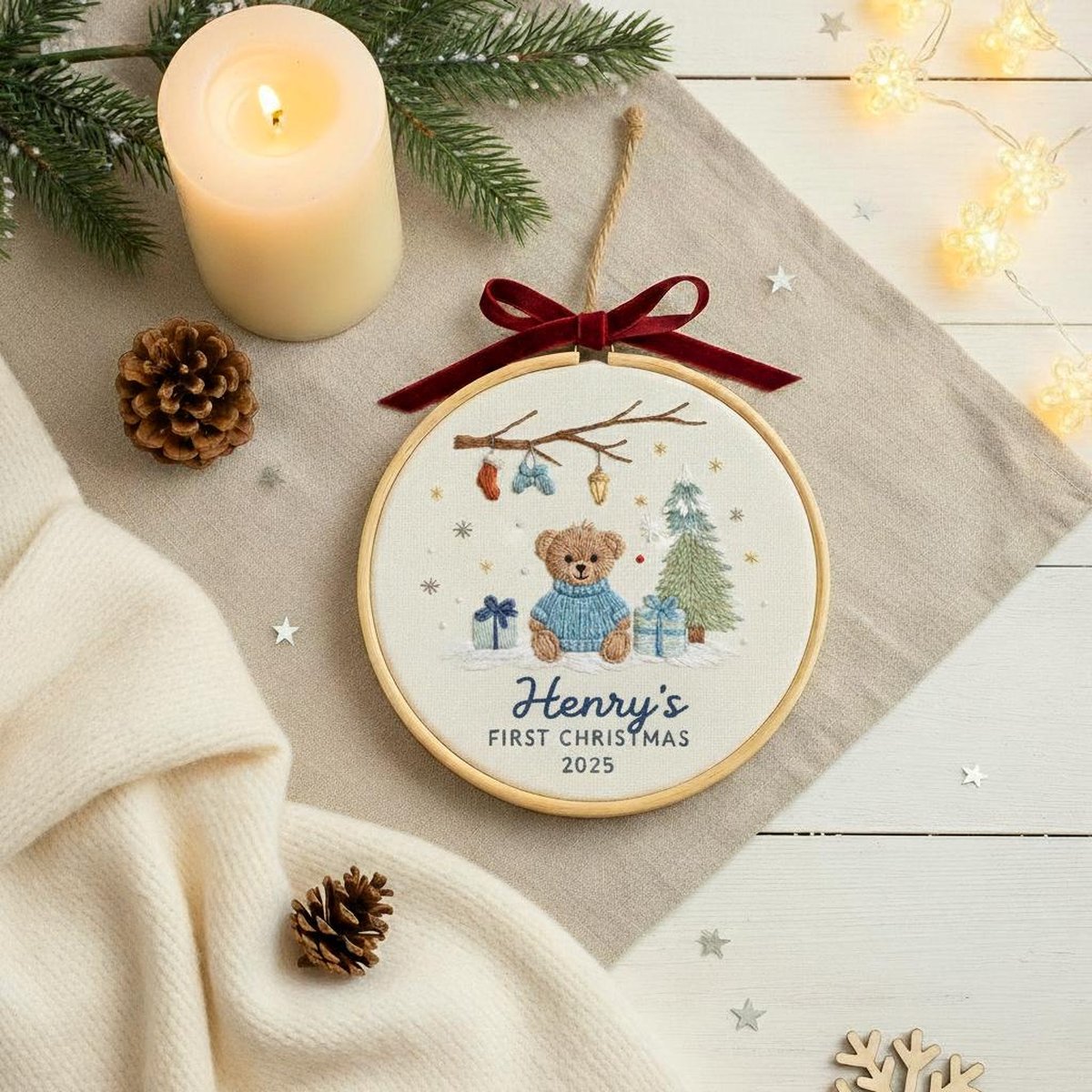 Babys First Christmas Ornament 2025 Personalized Hand Embroidered Hoop Art Custom New Baby Gift Keepsake Ornament