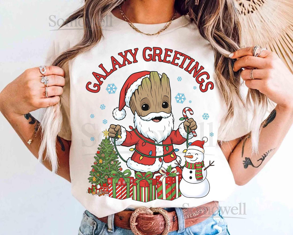 Marvel Christmas Groot Galaxy Greetings T-Shirt Cute Baby Groot Xmas Tee Guardians of the Galaxy Holiday Shirt Funny Marvel Xmas Tee_609