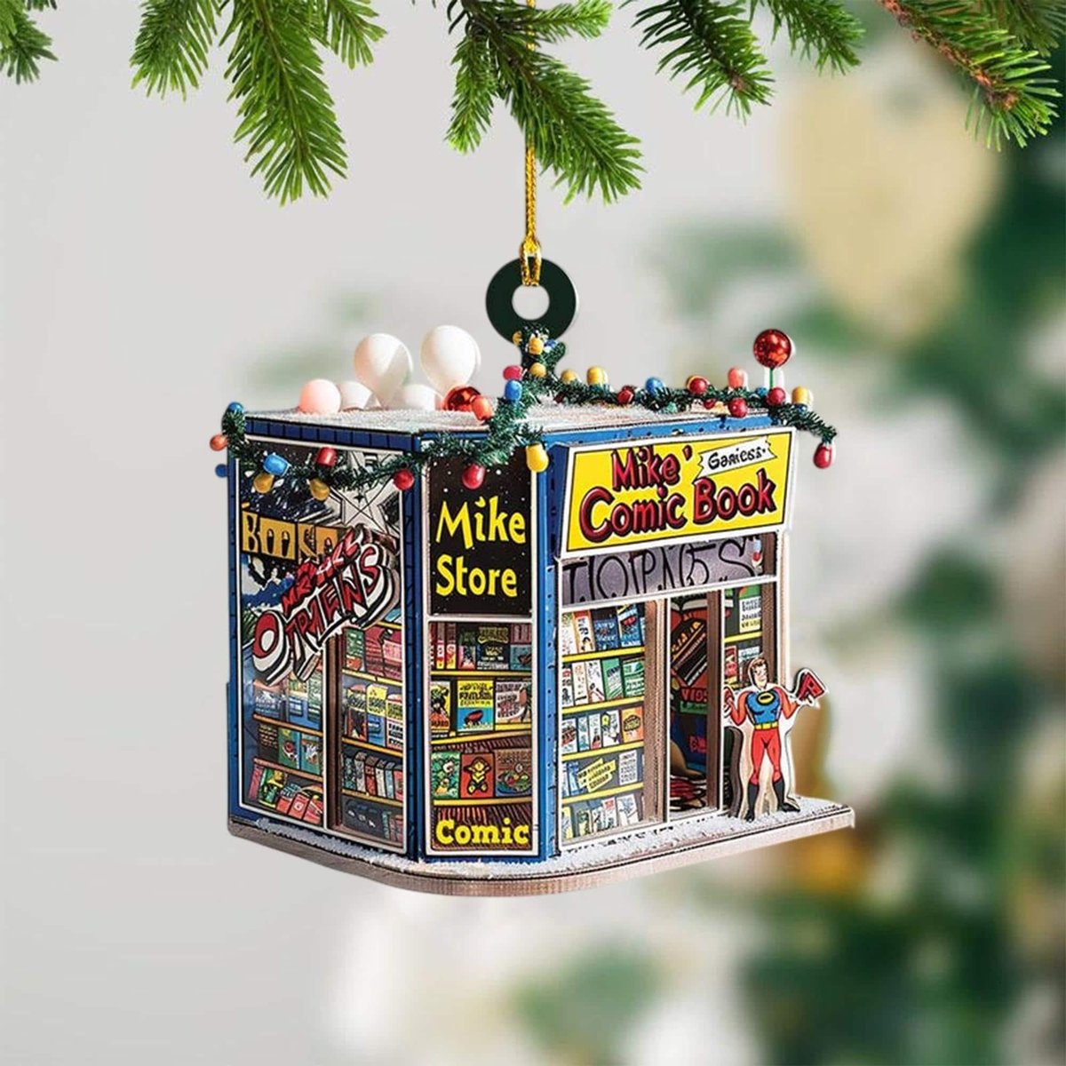 Personalized Comic Book Store Ornament Custom Name 2D Shop Christmas DecorationFlat Superhero Gift