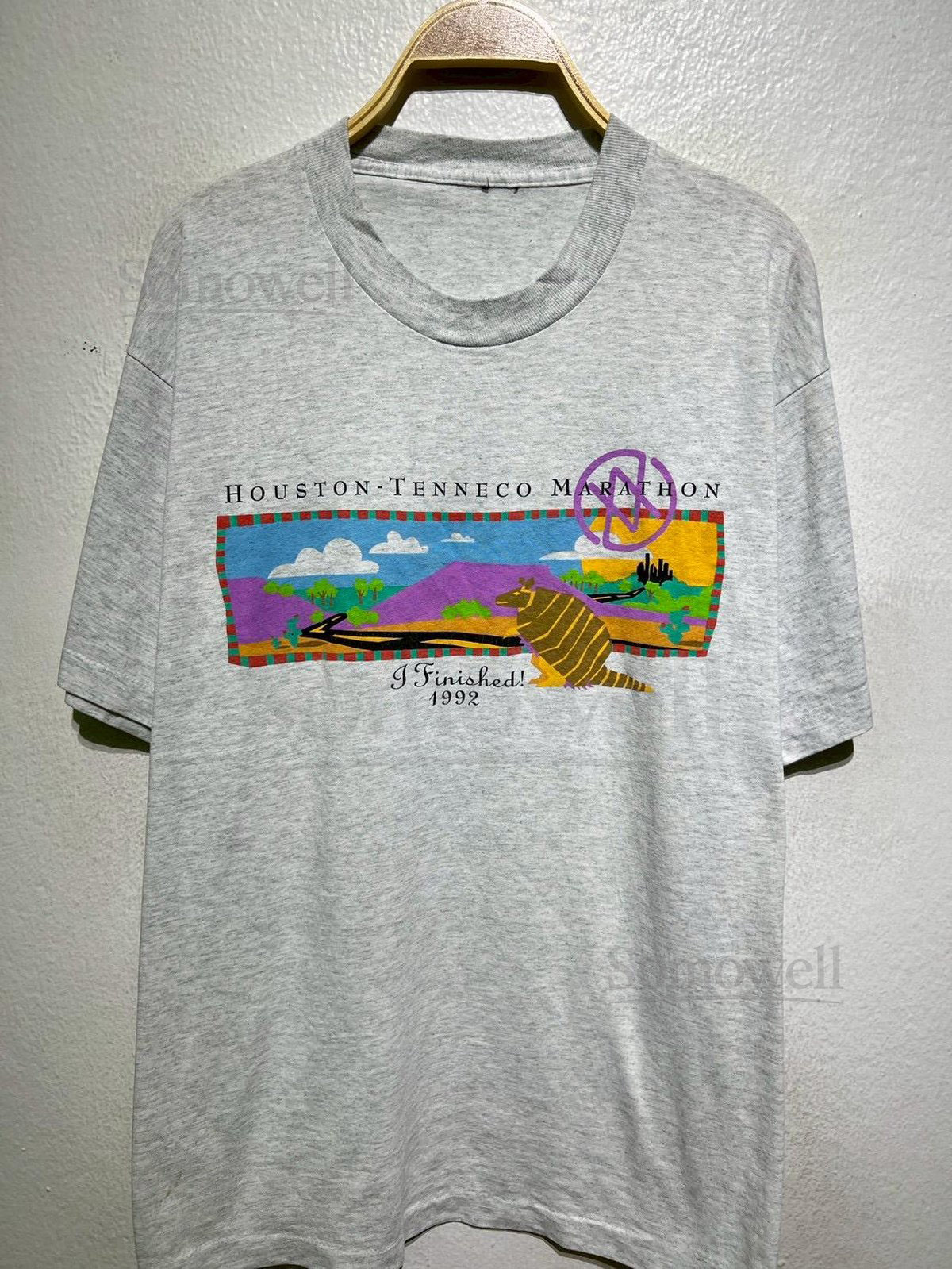 Vintage 1992 Houston Tenneco Marathon T-Shirt Size XL I Finished Finisher Tee Running Race Souvenir Armadillo Texas Art Top Gray US_925