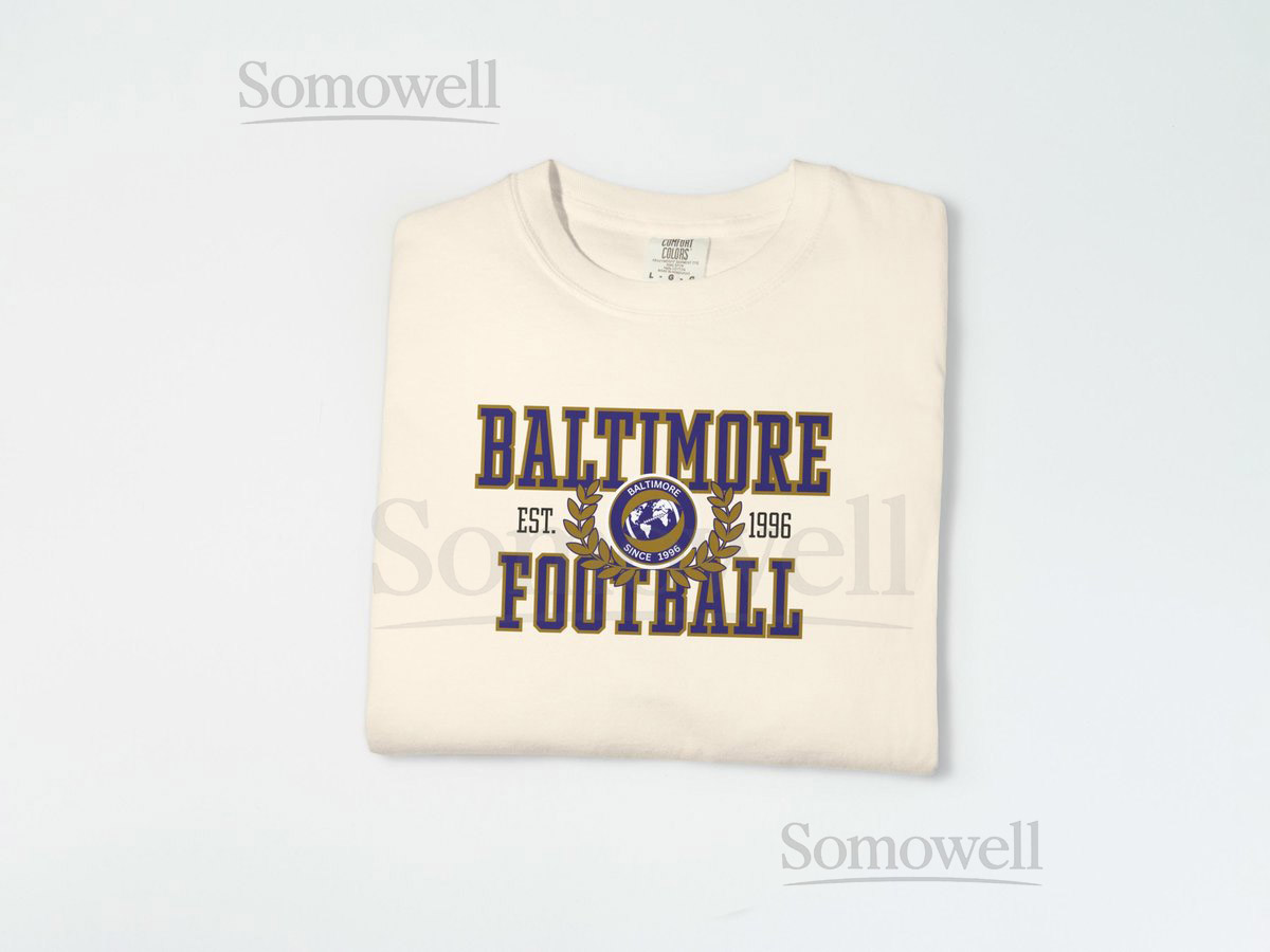 Baltimore Football Shirt Comfort Colors 1717 Vintage Collegiate Crest Purple Gold Game Day Tee Retro Graphic Football Season_65