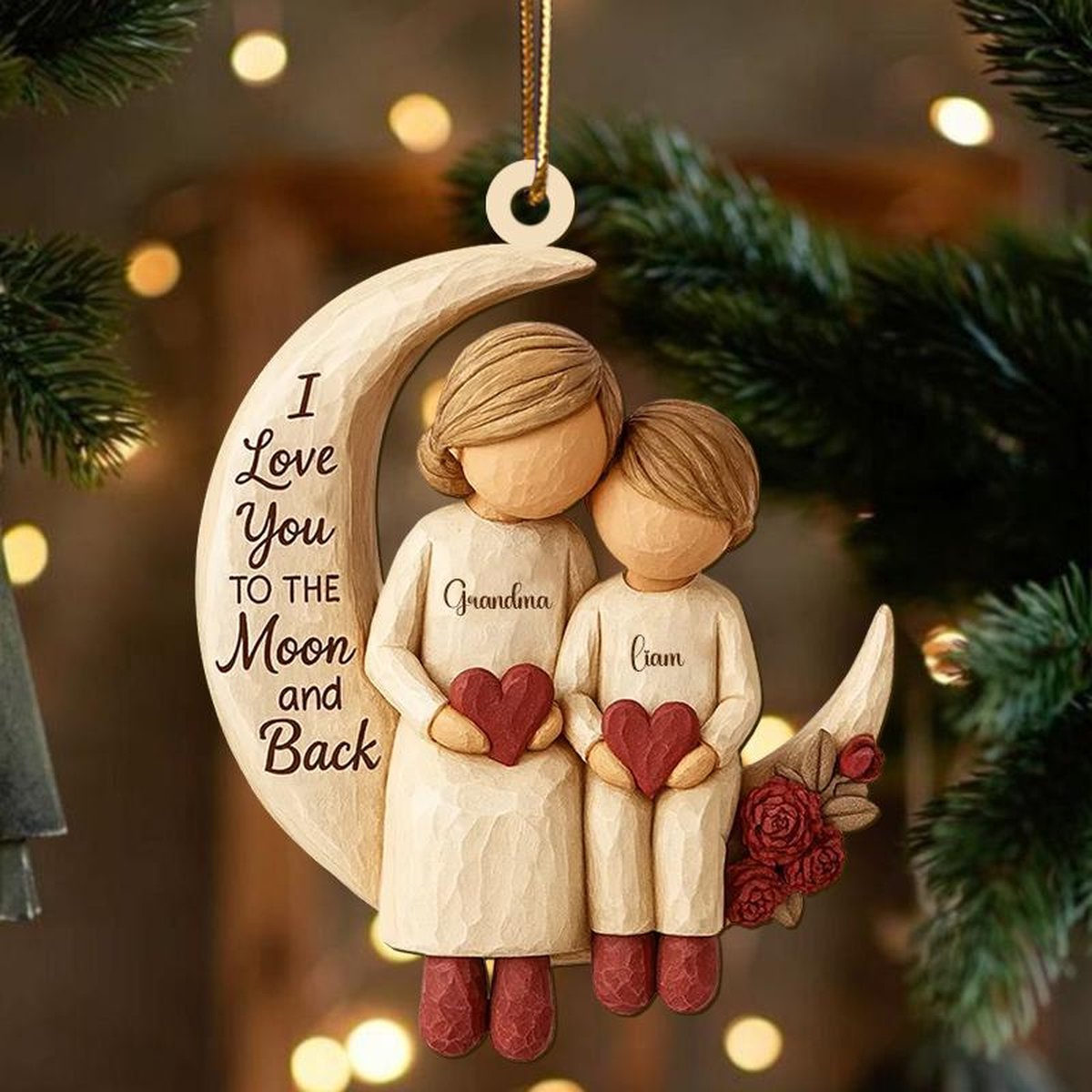 Grandma Grandkids on Moon Ornament Personalized Wood Christmas Ornament Custom Grandmother Gift Heartfelt Christmas Gift from Grandkids