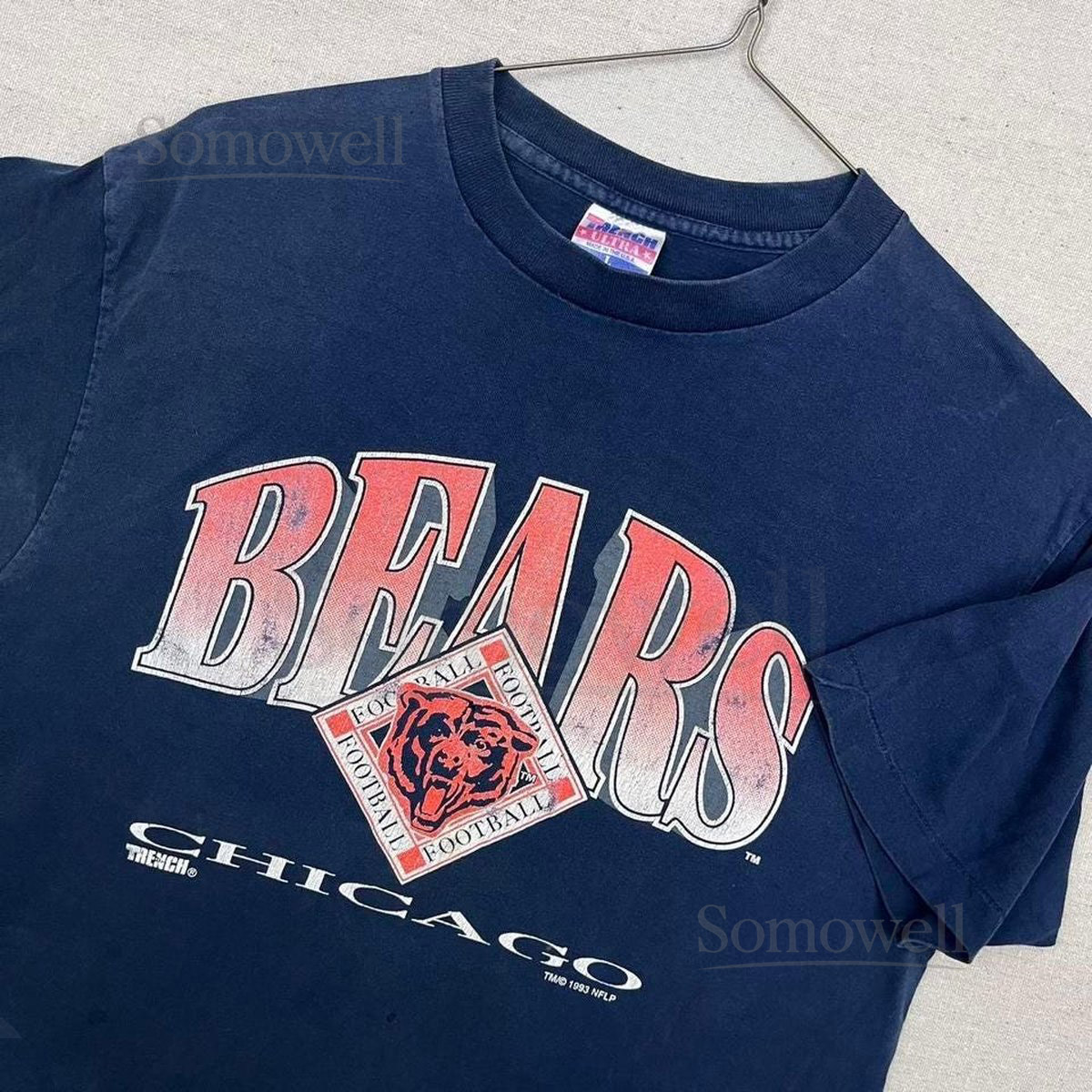 Vintage 1993 Chicago Bears NFL Single Stitch Graphic Navy Blue Tee Shirt_902
