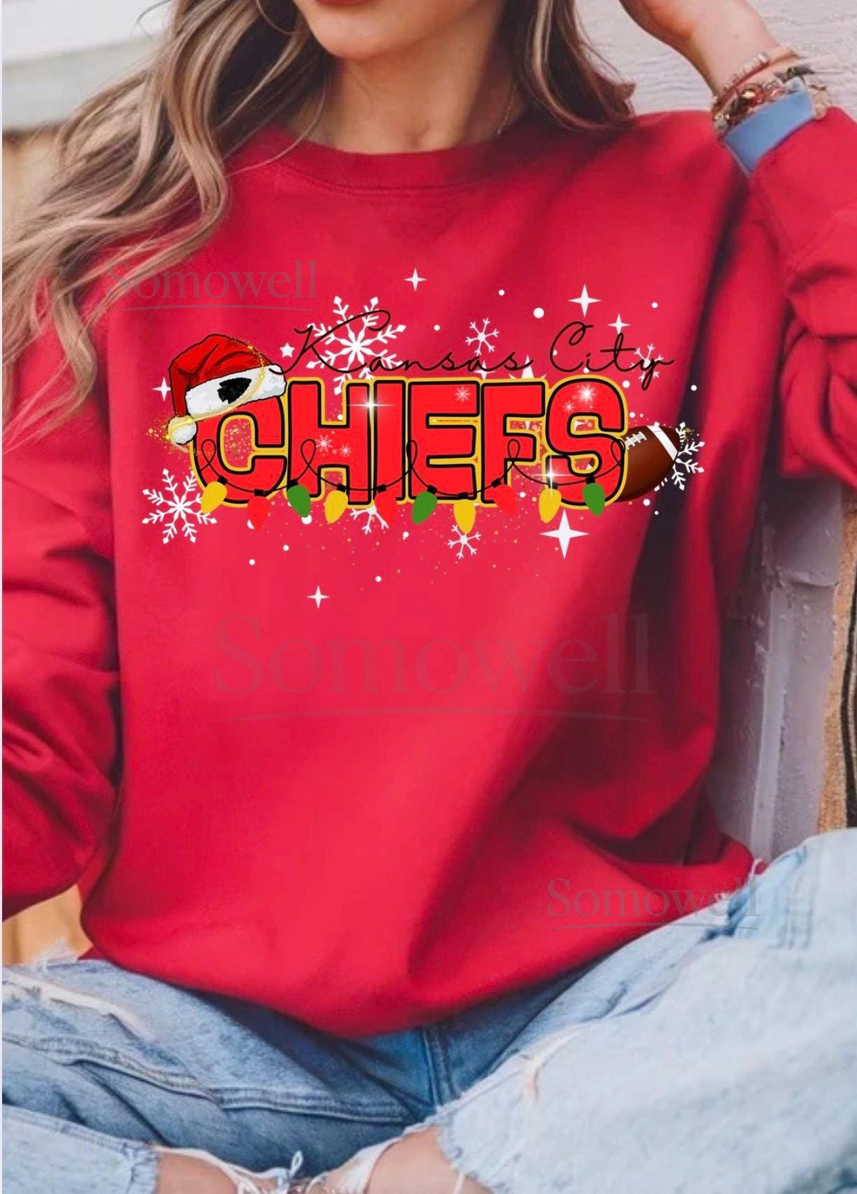 Chiefs Christmas Shirt Kansas City Chiefs Sweatshirt KC Football Holiday Tee Chiefs with Snowflakes and Christmas Lights Shirt Red Gol_4