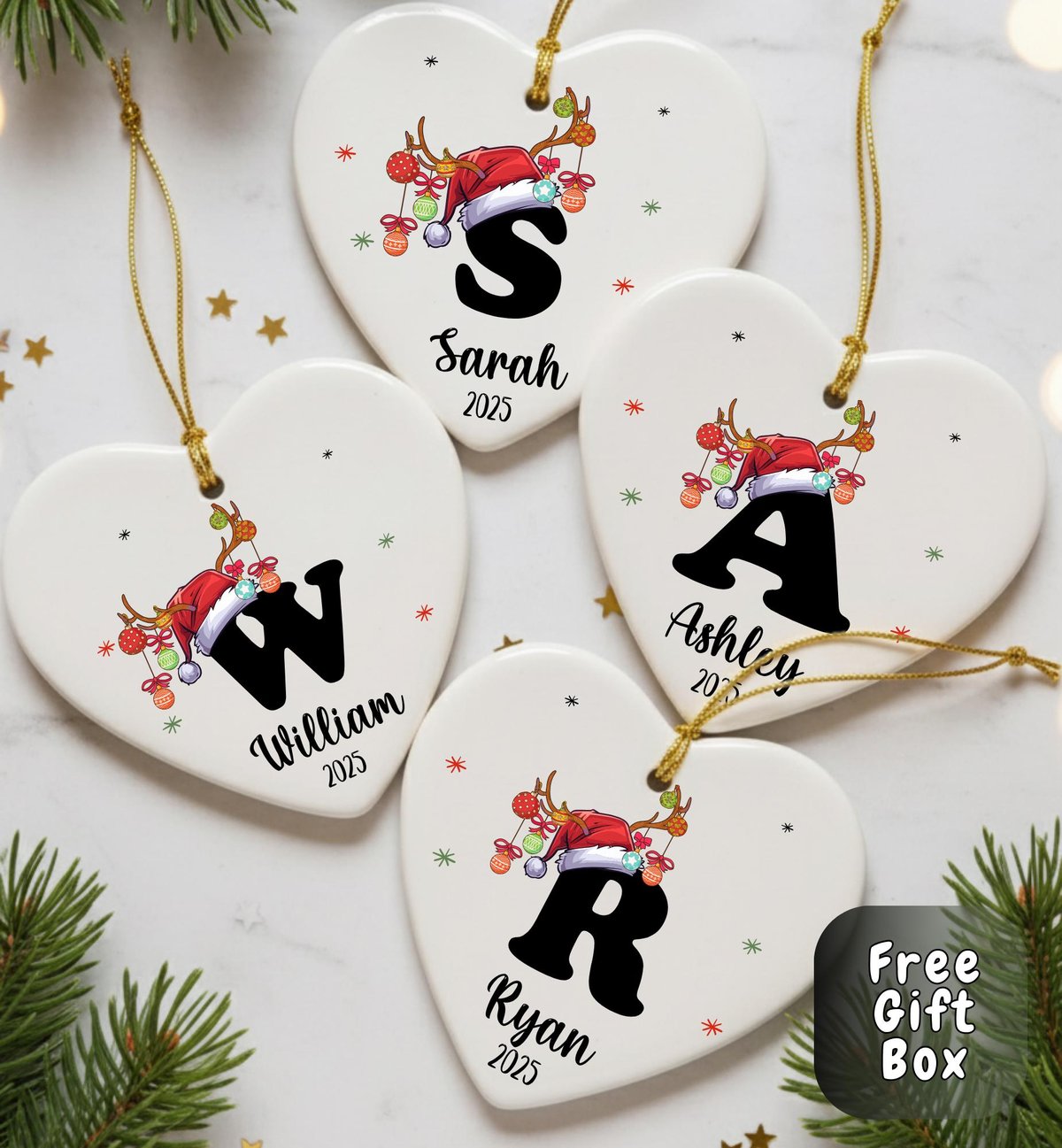 Personalized Christmas Ornament 2025 Custom Letter Name Ornament Ceramic Santa Ornament Family Holiday Keepsake Gift for Kids and Adults