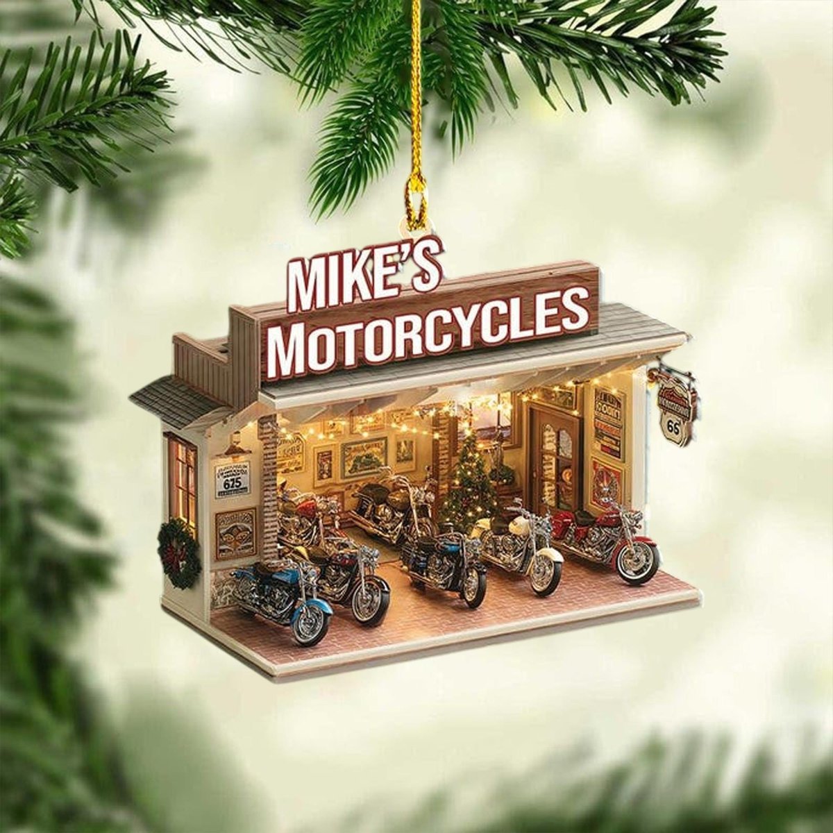 Personalized Motorcycle Shop Ornament Custom Name Vintage Biker Garage Christmas Decoration with Motorcycles