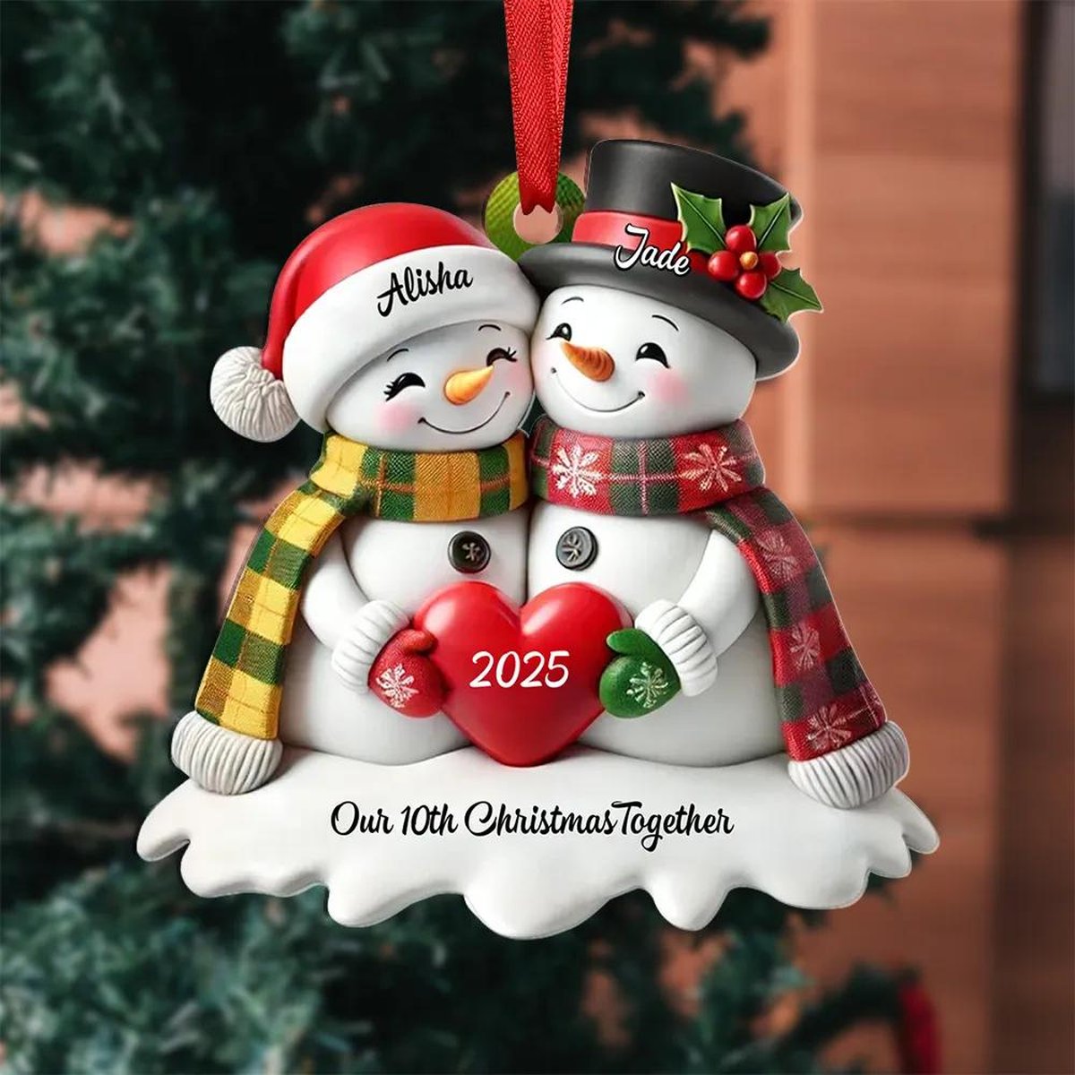 Personalized Heart Snowman Couple Christmas Tree OrnamentOur 10th Christmas Together Memorial Gift For CoupleChristmas Gift For HerHim