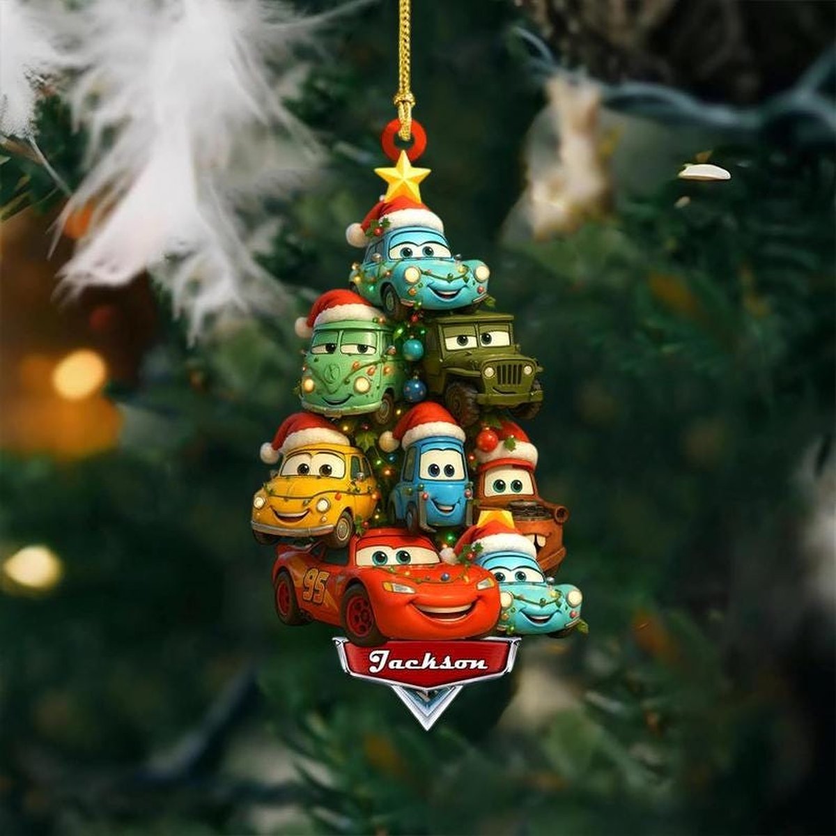 Personalized Name Car Characters 2D Flat Christmas Ornament Lightning McQueen Ornament Cars Ornament Christmas Tree Decor Gift