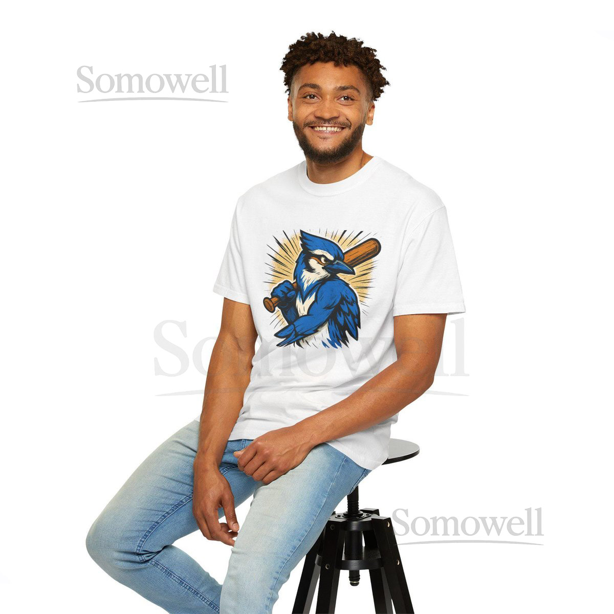 Blue Jay with a power bat Vintage Style Graphic Tee Perfect for Sports Fans Gift for Nature Lovers Casual Wear _126