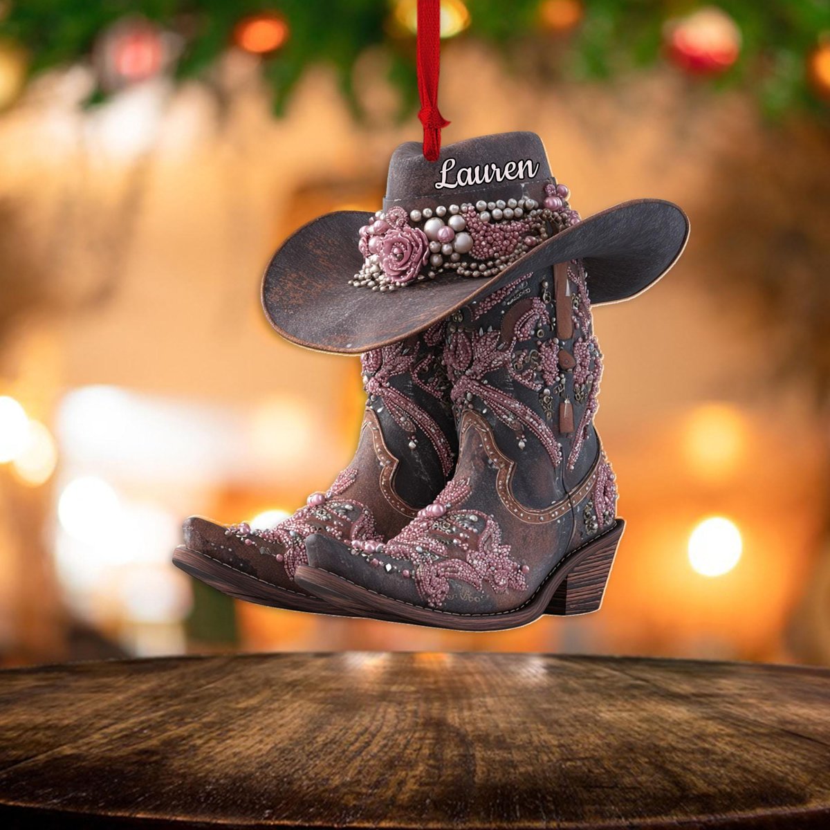 Cowgirl Boot Hat Ornament Personalized Western Christmas Tree Decoration Custom Name Country Girl Gift Rustic Rodeo Christmas