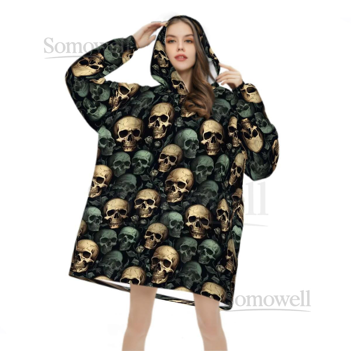 Gothic Skulls Oversized Blanket Hoodie Green Beige Black Fluffy Wearable Blanket with Pocket_45