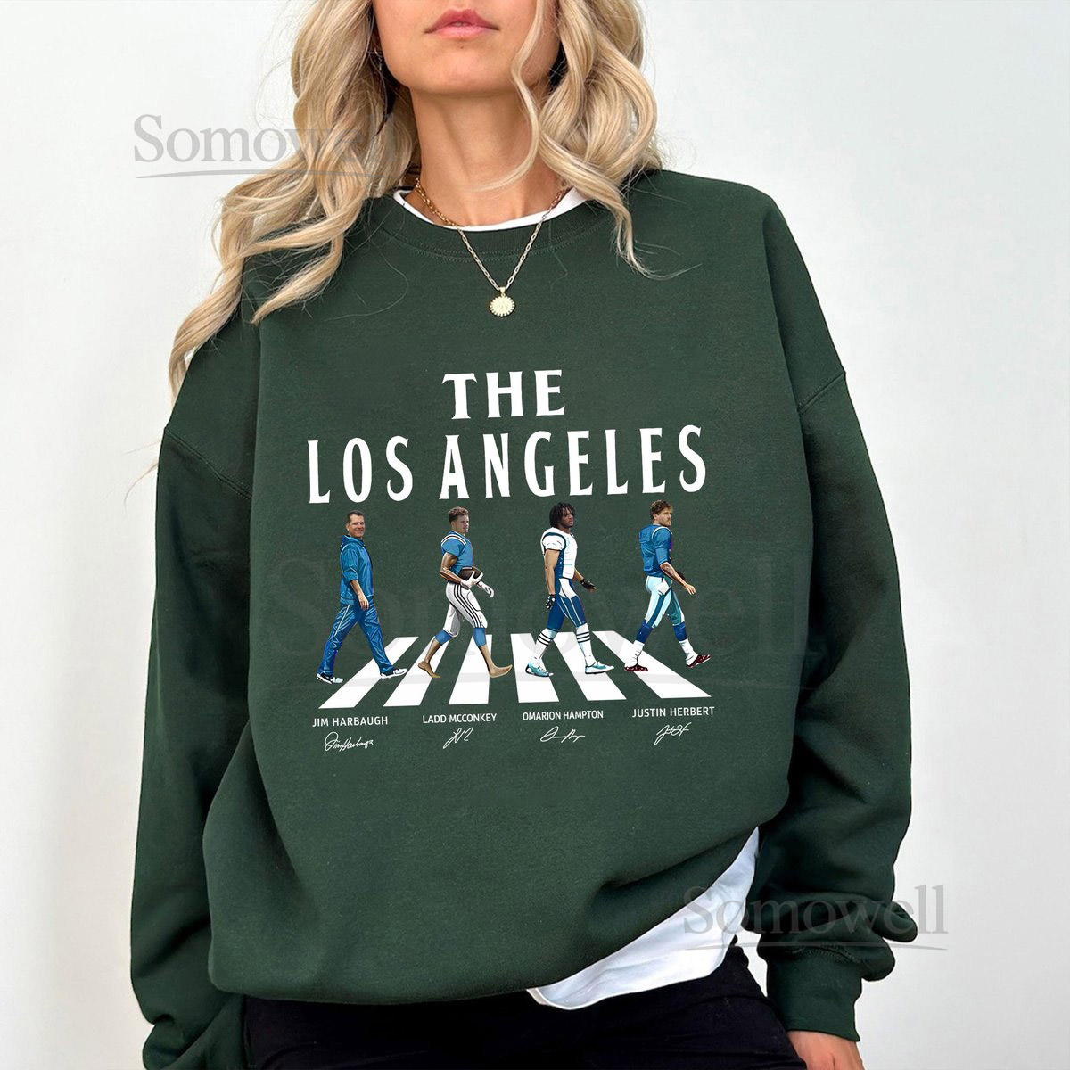 Los Angeles Walking Road Road Signatures Sweatshirt Jim Harbaugh Ladd McConkey Omarion Hampton Justin Herbert Los Angeles Football Shirt_105