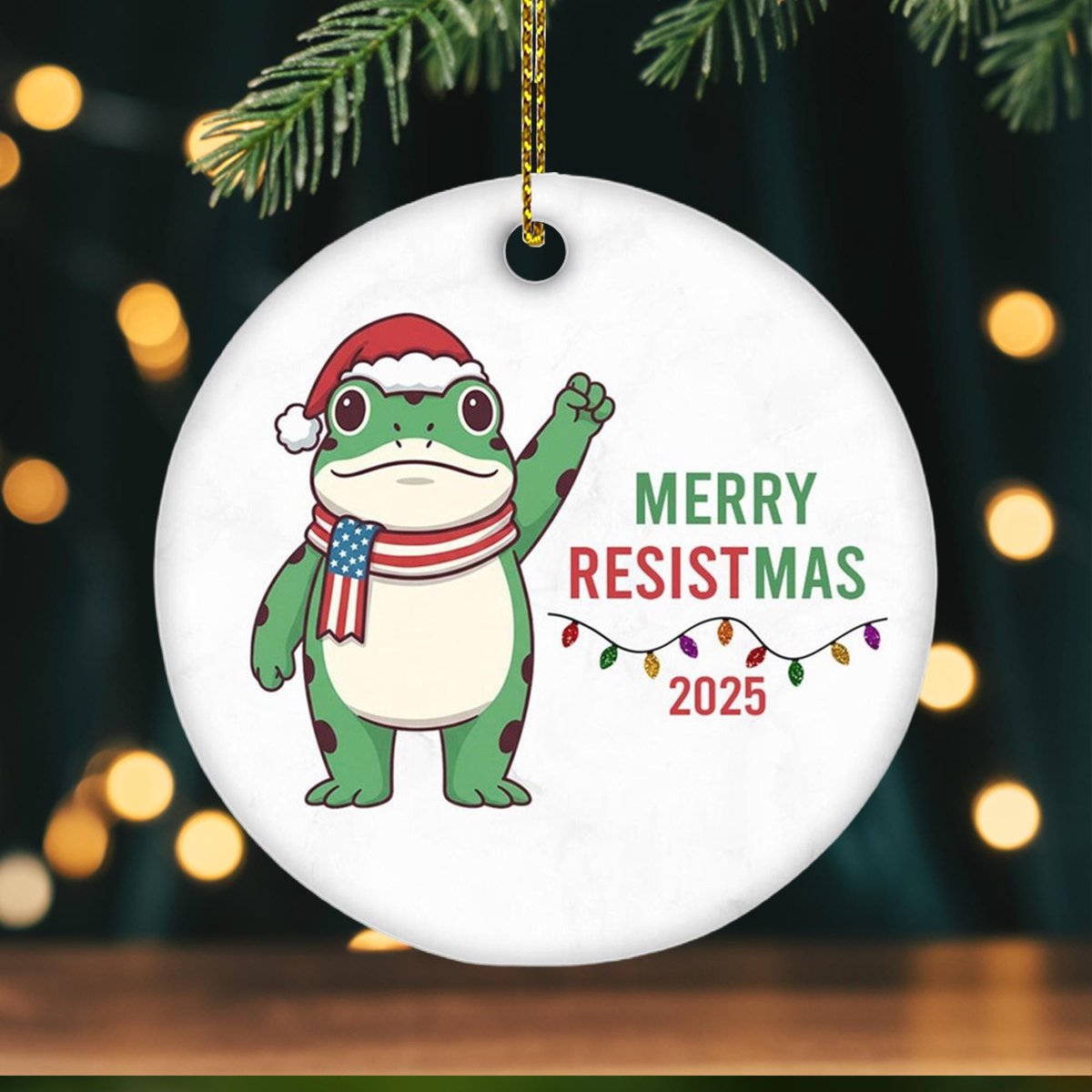 Merry Resistmas 2025 Ceramic Ornament Funny Political Frog Christmas Tree Decor Holiday Gift for Activists Protesters or Free Thinkers