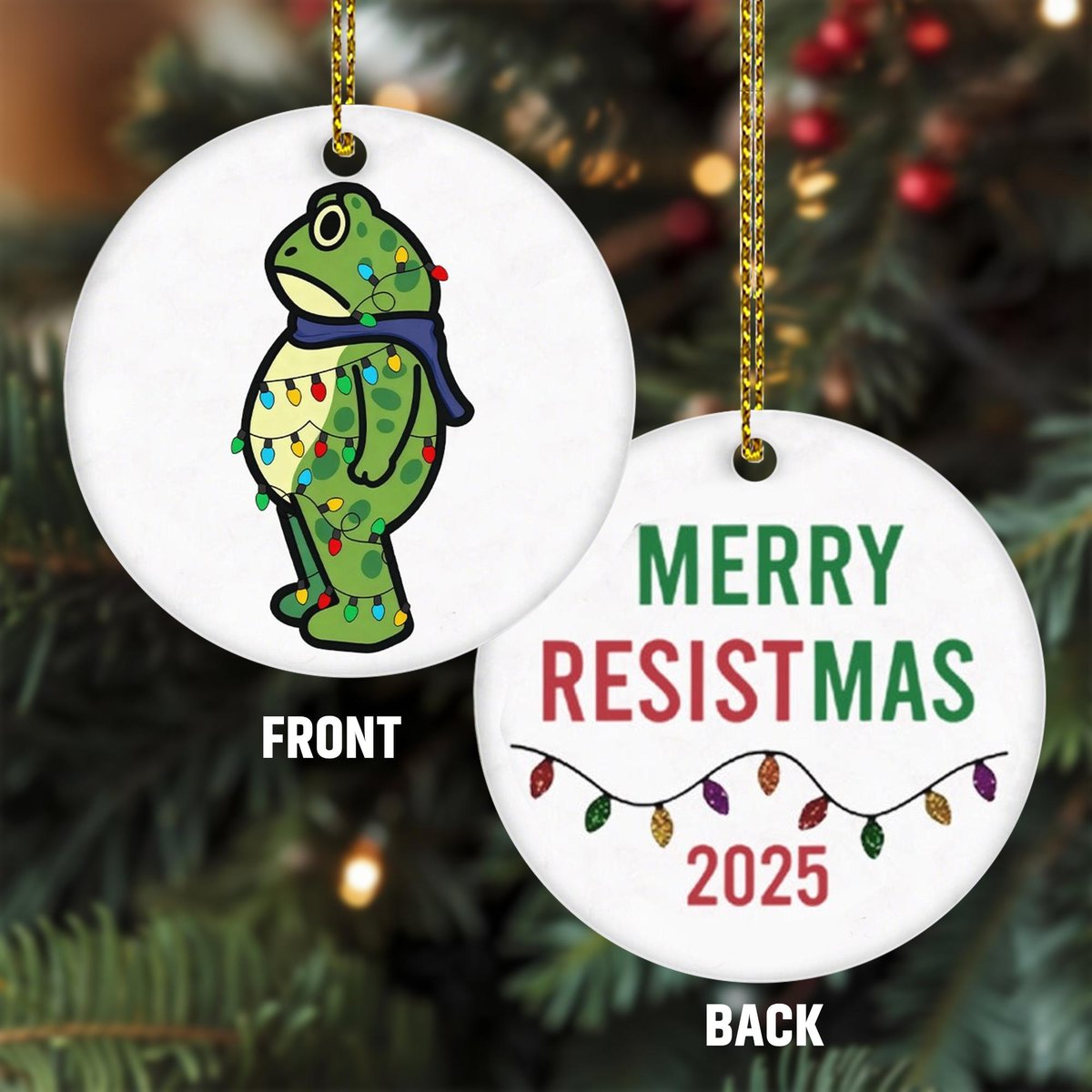 Political Frog Ornament 2025 Merry Resistmas Ceramic Tree Decor Funny Double Sided Christmas Gift for Protesters or Independent Minds