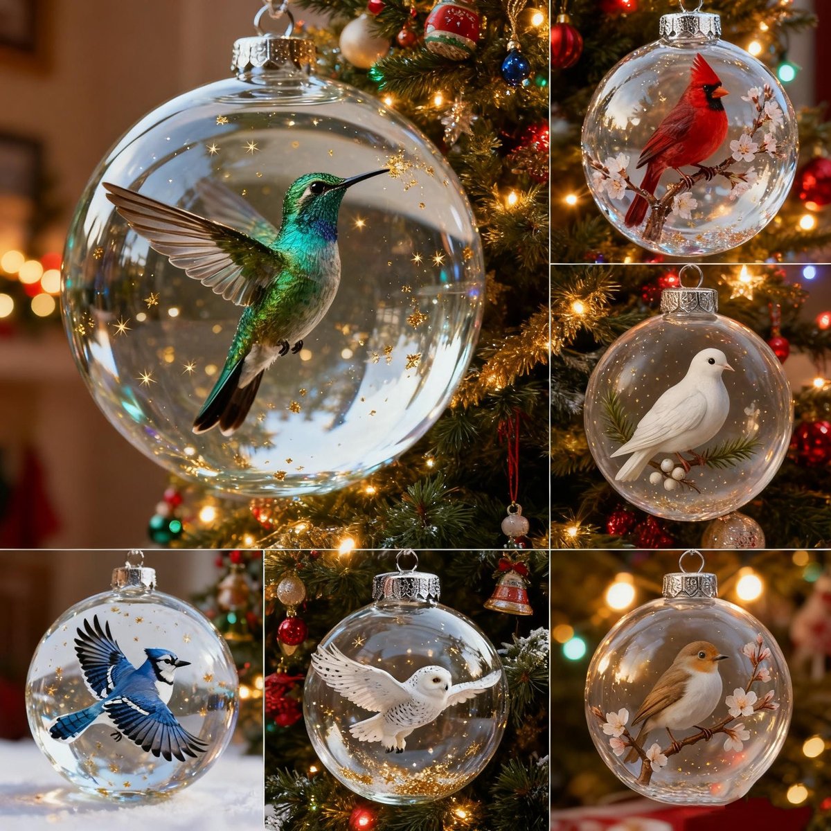 2025 Natures Birds Crystal Ornament Set Cardinal Bird Christmas Ornaments Wild Bird Clear Crystal Decor Holiday Tree Memorial Gifts