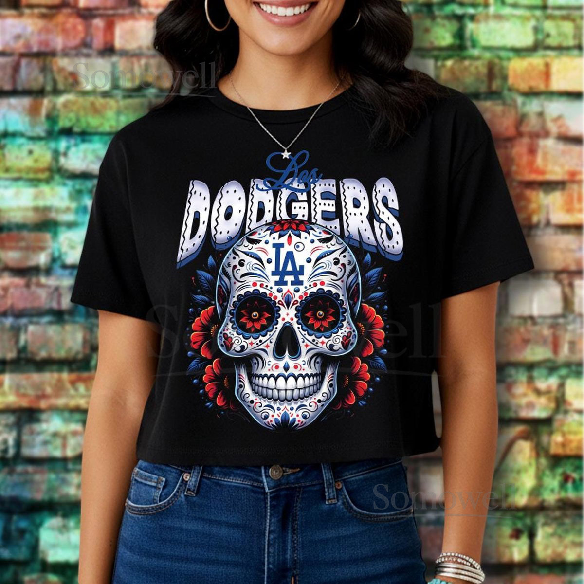 Dodgers Sugar Skull T-Shirt Día de los Muertos LA Baseball Fan Gift_360