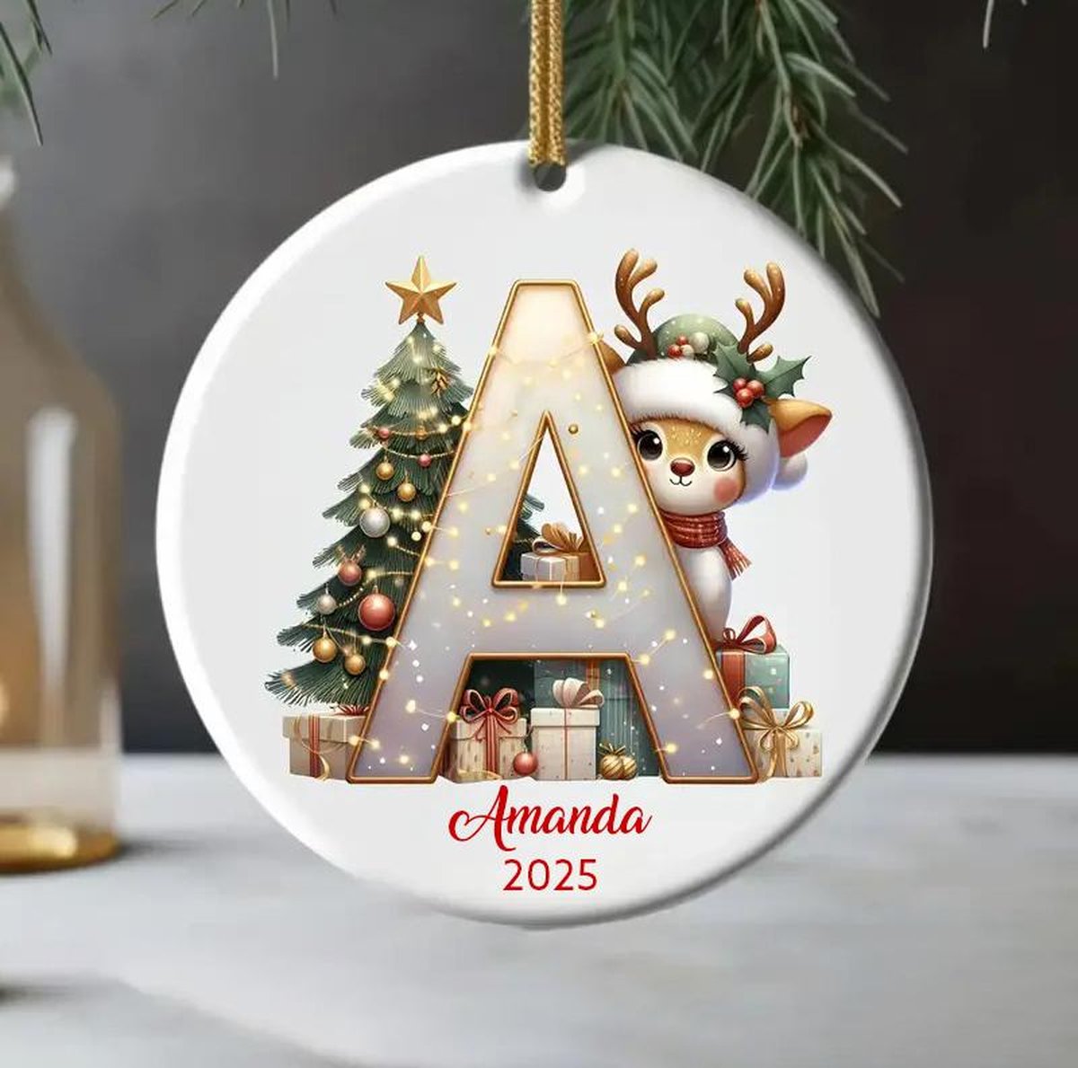 Personalized Reindeer Ornament Letter Name Ornament Custom Initial Ornament Monogram Ornament 2025 Family Ornament Kid Ornament