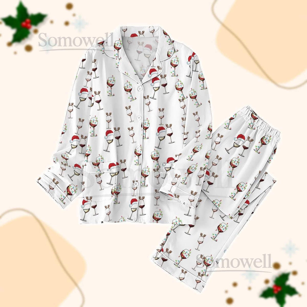 Christmas Wine Christmas Pajamas Drinks Holiday Pajamas Pajamas For Party Wine Lover Gift Bridesmaid Pj Sets Matching Pjs Set_15